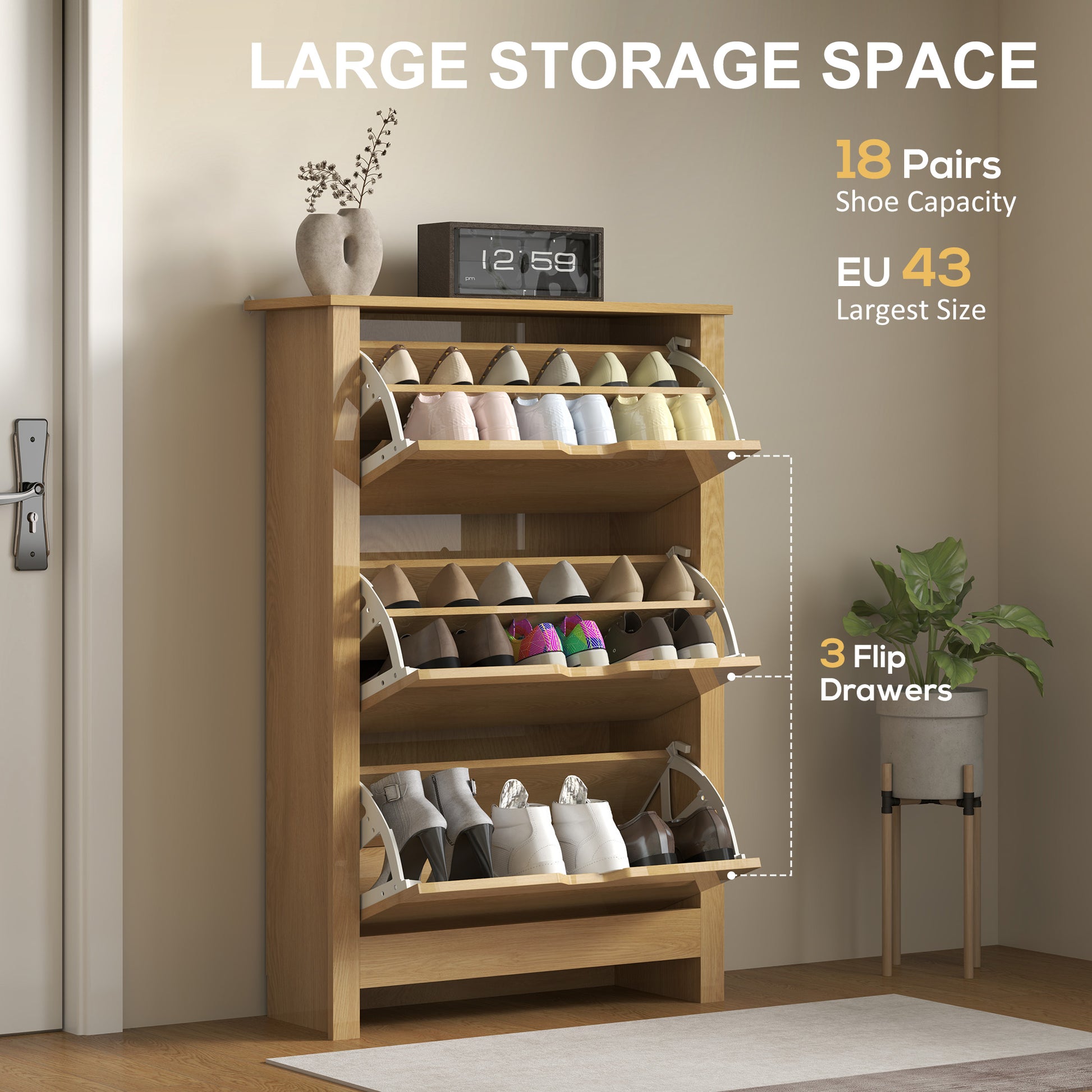  narrow design: Robust and long-lasting - reliable for everyday use. Just 26 cm depth is great for smaller spaces.</li><li>Modern look: Oak tone finish for beauty. Groove handles are easy to open and close each drawer.</li><li>Anti-tipping straps: Secure the shoe cabinet to the wall to prevent tipping. Non-slip foot pads protect your floors from scratches.</li><li>Dimensions: Drawer inner: 29.5H x 57L x 22Dcm. Top panel: 1.5H x 72L x 26Dcm. Assembly required.</li></ul>