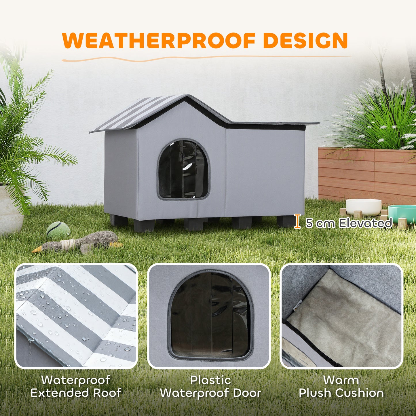 PawHut Outdoor Cat House, Weatherproof Feral Cat Cave with Elevated Base and Cushion for Winter, Grey