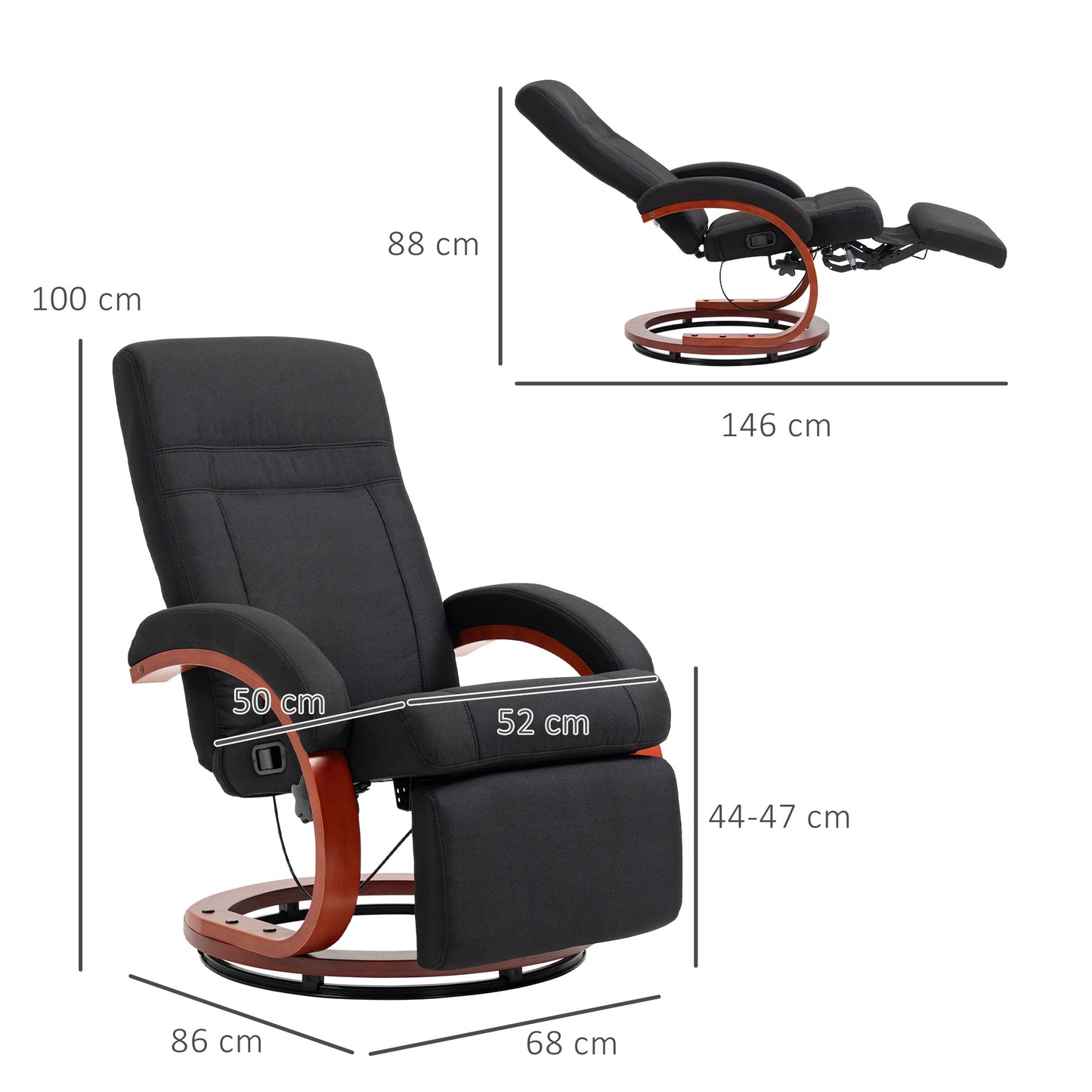 HOMCOM 135Â° Manual Reclining Swivel Chair, with Footrest - Black