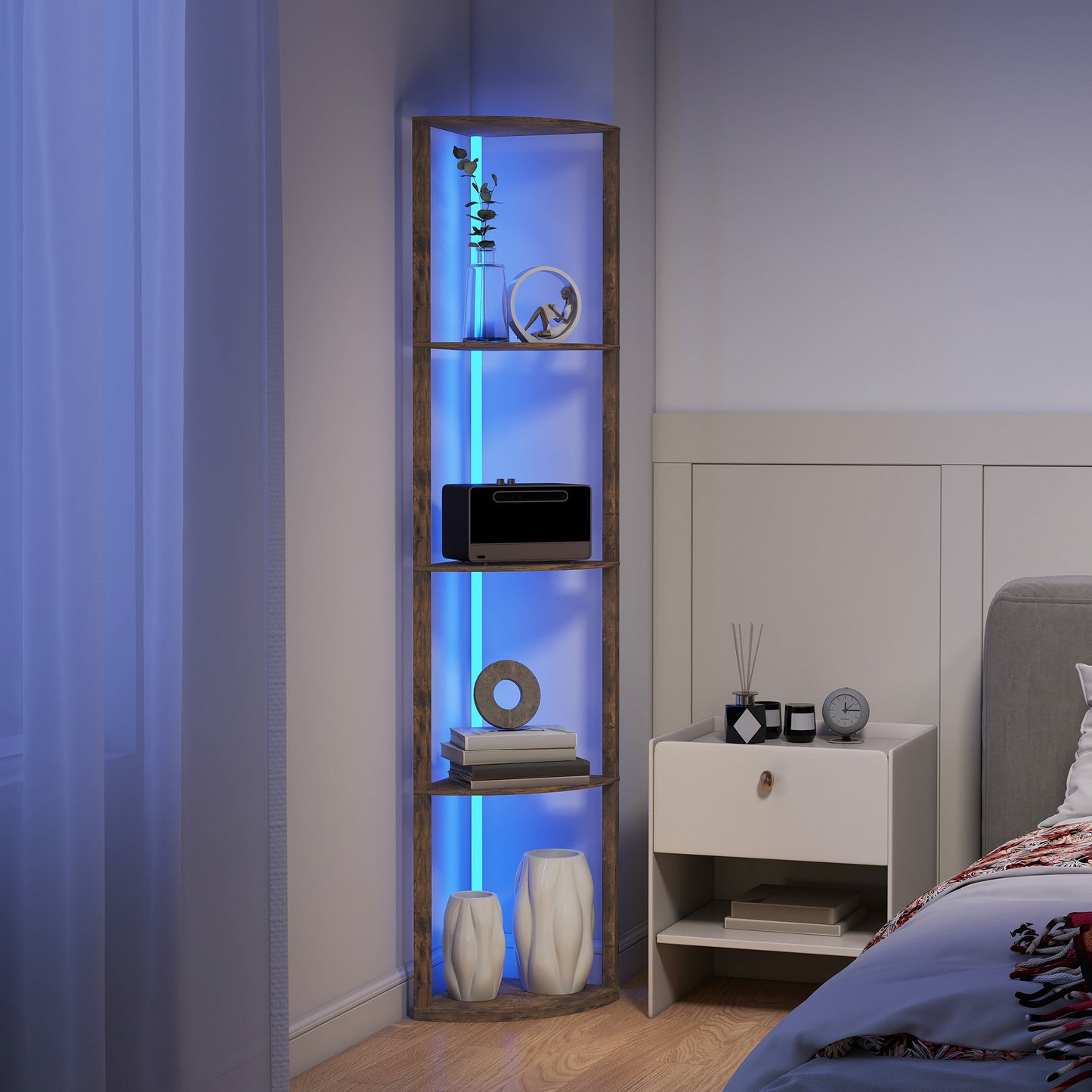 HOMCOM RGB LED Floor Lamp with Shelves, 5-Tier Dimmable Standing Lamp with Adjustable Brightness and Remote Control, Modern Corner Display Shelf Unit for Living Room Bedroom Office, Rustic Brown