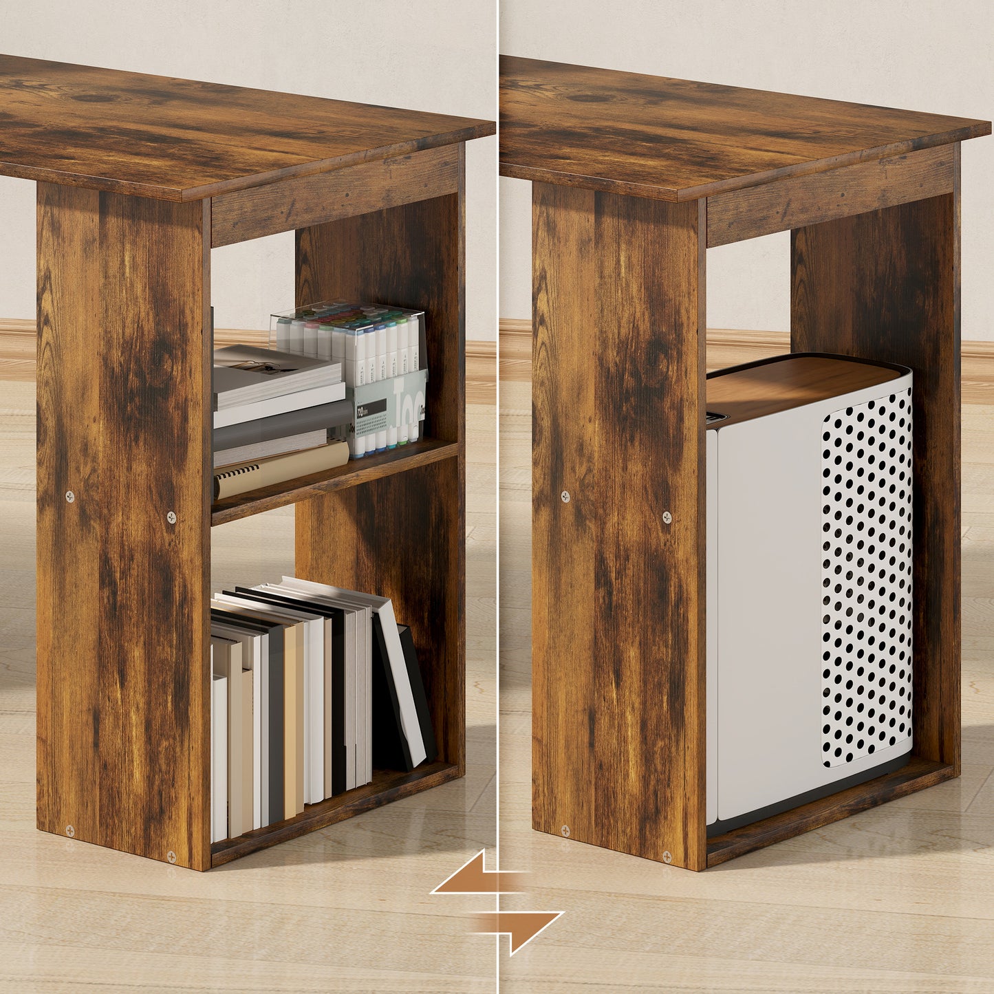 HOMCOM 120cm Computer Desk, Wooden PC Laptop Table with 6-Tier Storage Bookshelves, Home Office Working Study Desk, Writing Workstation, Rustic Brown Wood-Effect