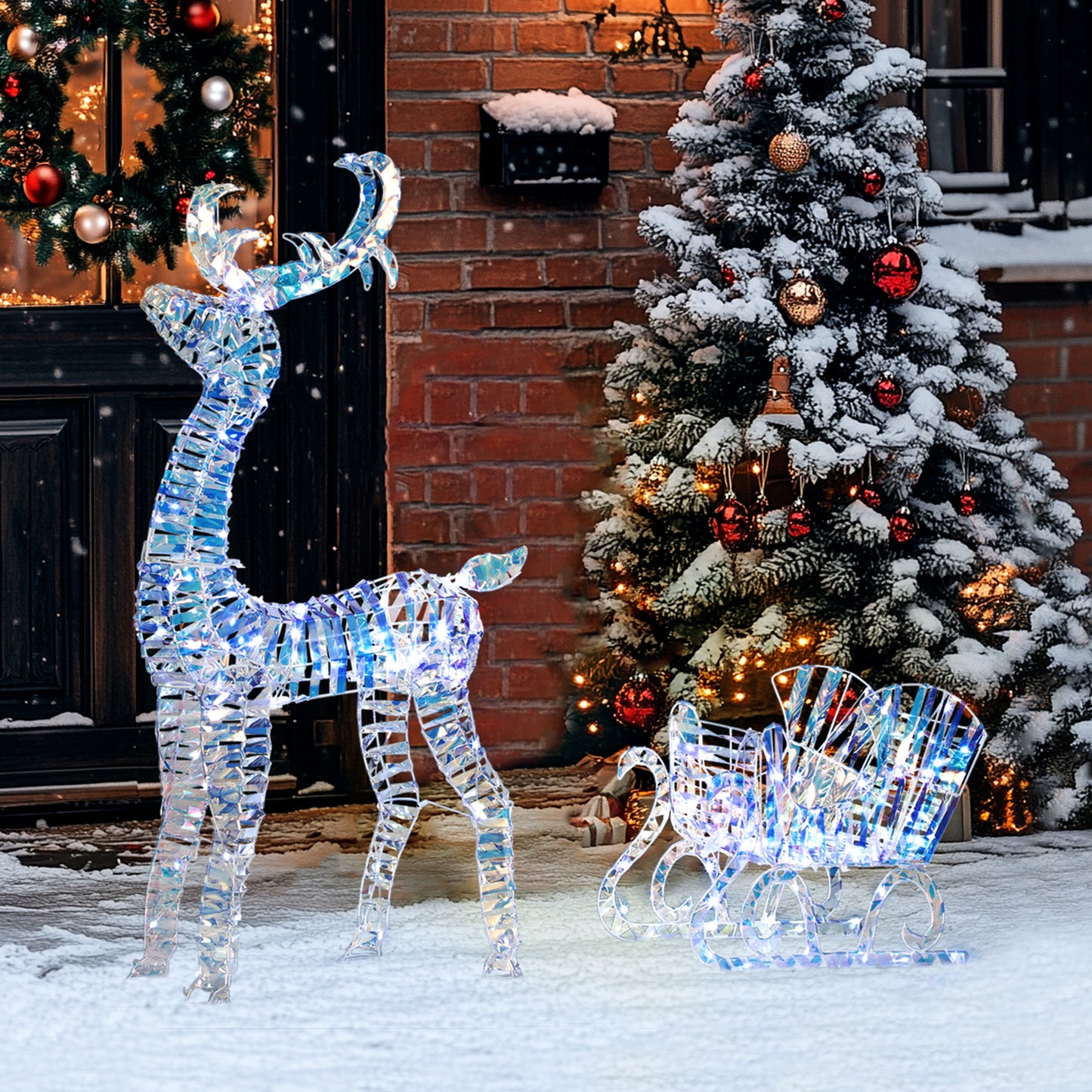 Outsunny Lighted Christmas Reindeer with Sleigh, Outdoor Yard Reindeer with 170 Warm White LED Lights, Holiday Decor with Stakes, Waterproof, Silver