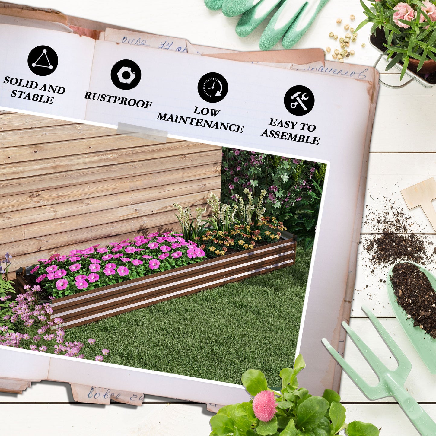 Outsunny 60 x 240cm Galvanised Steel Planter, with Open Bottom, Brown