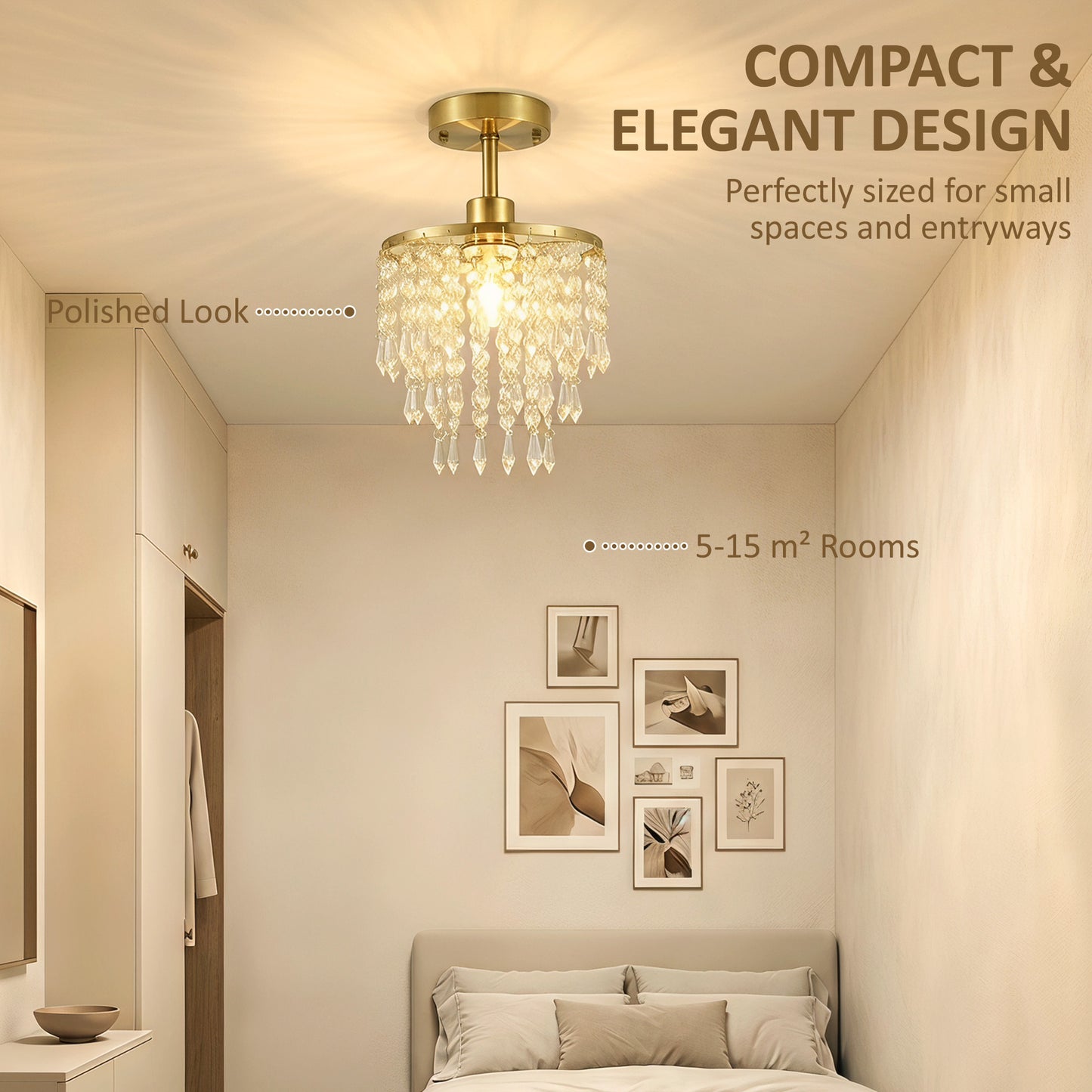 HOMCOM Crystal Ceiling Light with 57 Crystal Strands, Ceiling Light with Mounting Plate for Hallway, Gold Tone