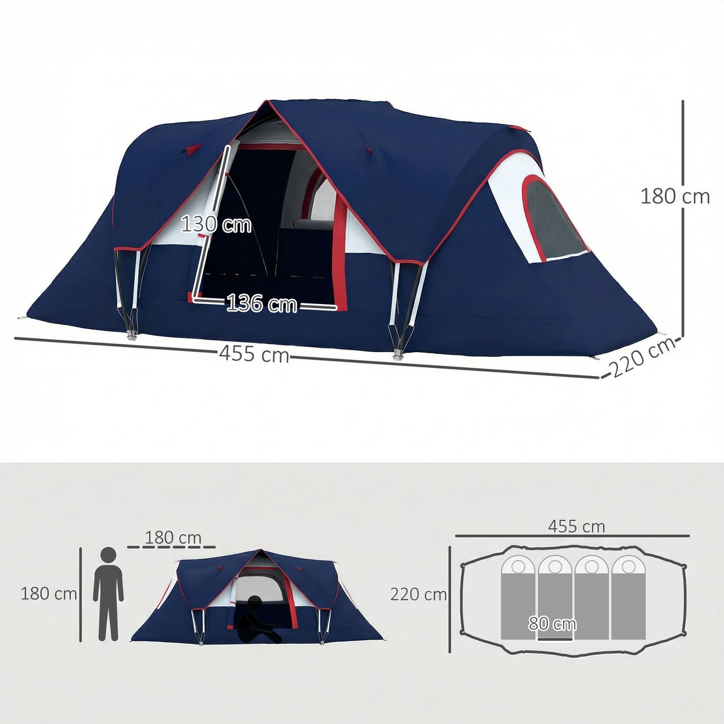 Outsunny 5 Man Camping Tent, Large Tunnel Tent, Water Resistant Hiking Shelter with Groundsheet and Carry Bag, Navy Blue