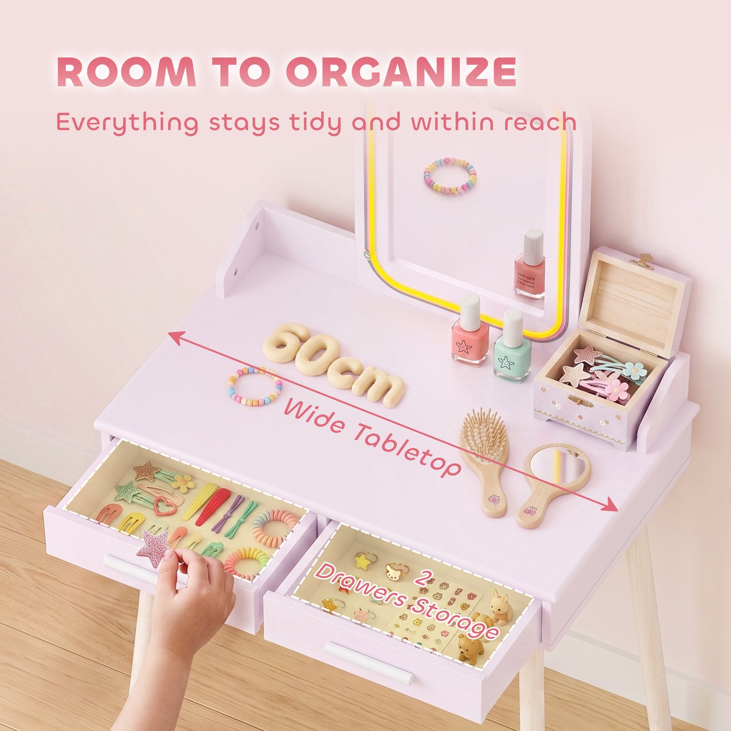 AIYAPLAY Kids Dressing Table, Girls Vanity Set with Stool, 3-Colour LED Lights Mirror, Large Drawer for Ages 3-8, Pink