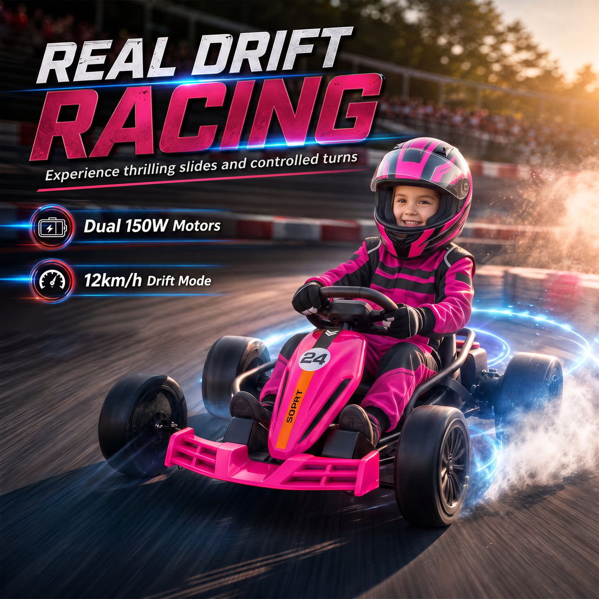 AIYAPLAY 24V Electric Go Kart for Kids, Ride On Racing Go Kart with Dual 150W Motors, 12KM/H Max Speed for Ages 6-14, Pink