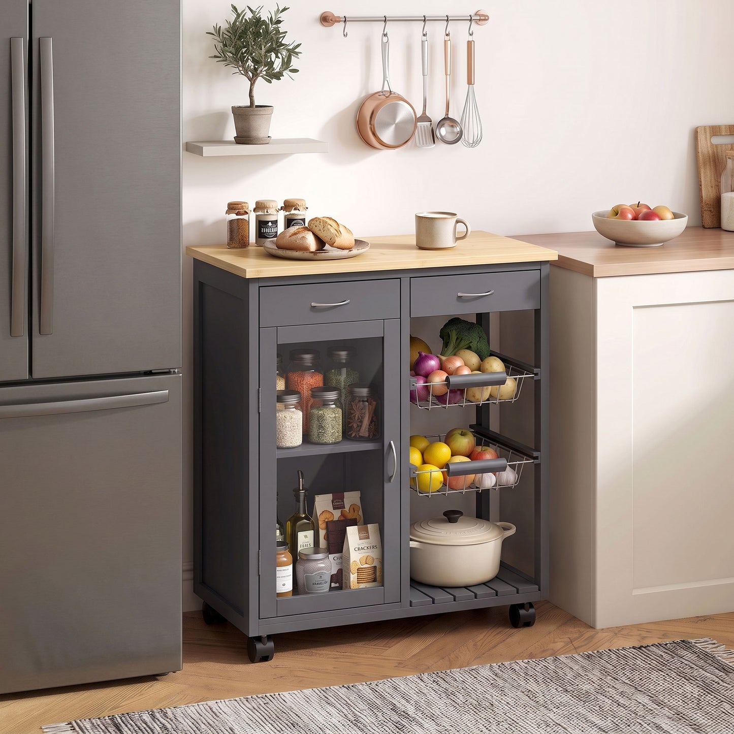 HOMCOM Bamboo Kitchen Island, Rolling Kitchen Trolley with Glass Door, 2 Metal Wire Baskets and Adjustable Shelf, Grey
