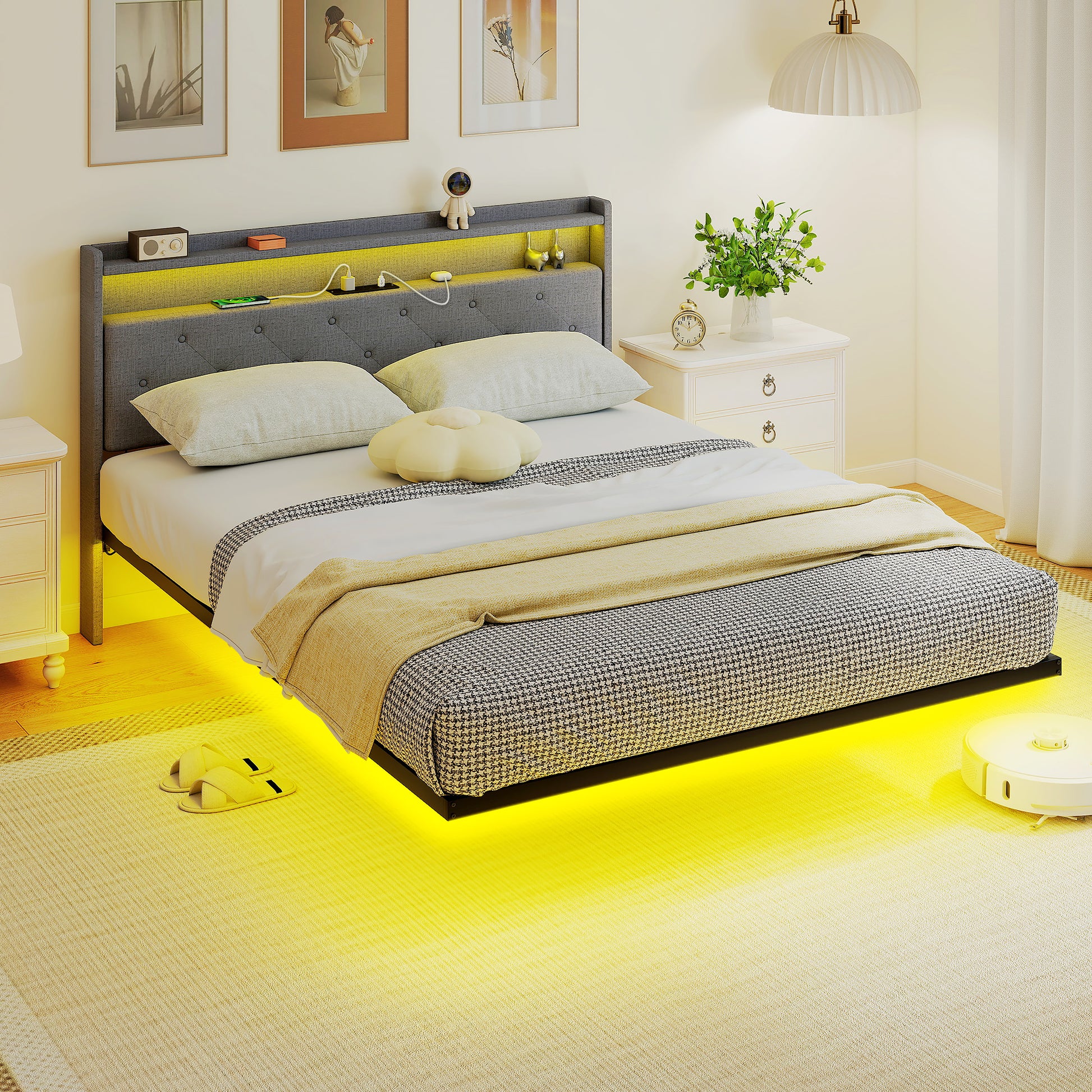 HOMCOM Floating Bed Frame, Upholstered 5ft King Size Bed, Platform Bed with RGB LED Lights and Charging Station, Grey