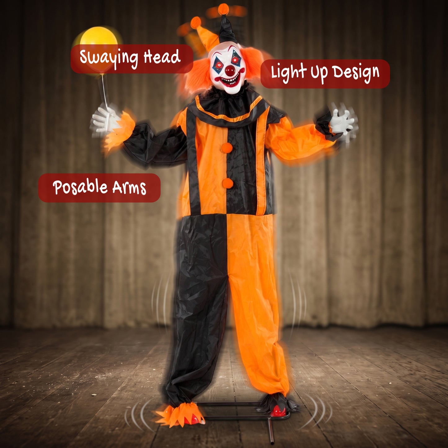 HOMCOM 190cm Life Size Animated Clown Halloween Decoration, Scary Halloween Animatronics Decor with Sound Touch Activated