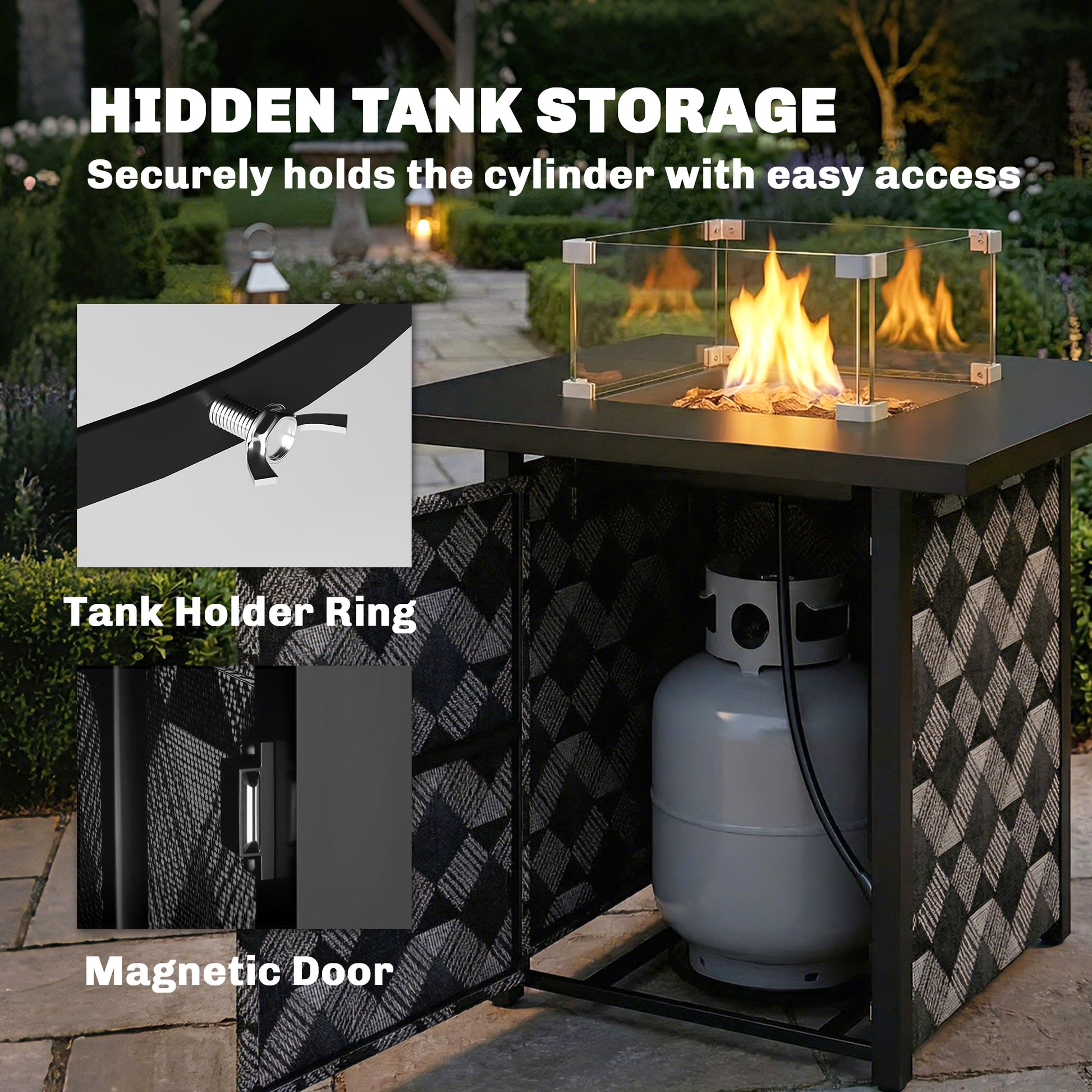 Outsunny Square Propane Gas Fire Pit Table, 12 KW Firepit with Glass Wind Guard, Lava Rocks, Gas Tank Holder