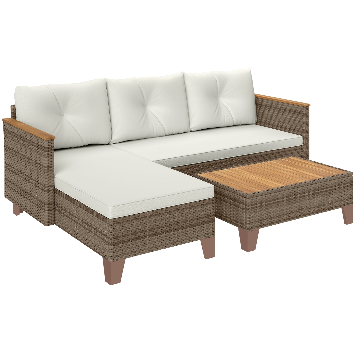 Outsunny 3 Pieces Rattan Garden Furniture Set, L Shaped Garden Conversation Chaise Lounge Furniture with Wood Top Coffee Table and Thick Cushions, Cream Default Title