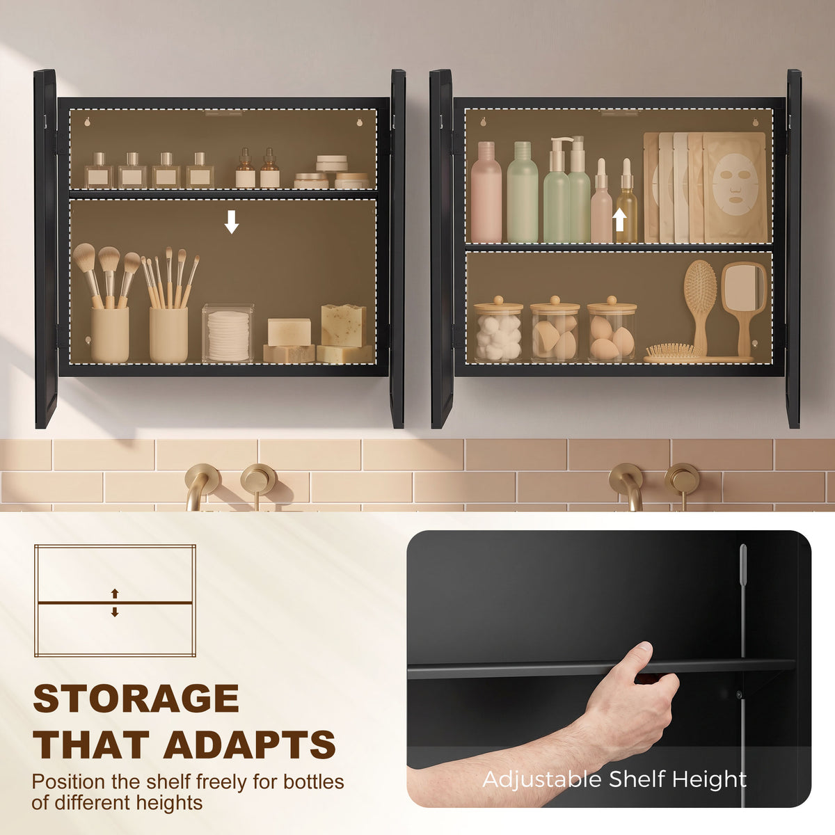 HOMCOM Bathroom Medicine Mirror Cabinet, Bathroom Wall Cabinet with Storage, Magnetic Doors and Adjustable Shelf, Black
