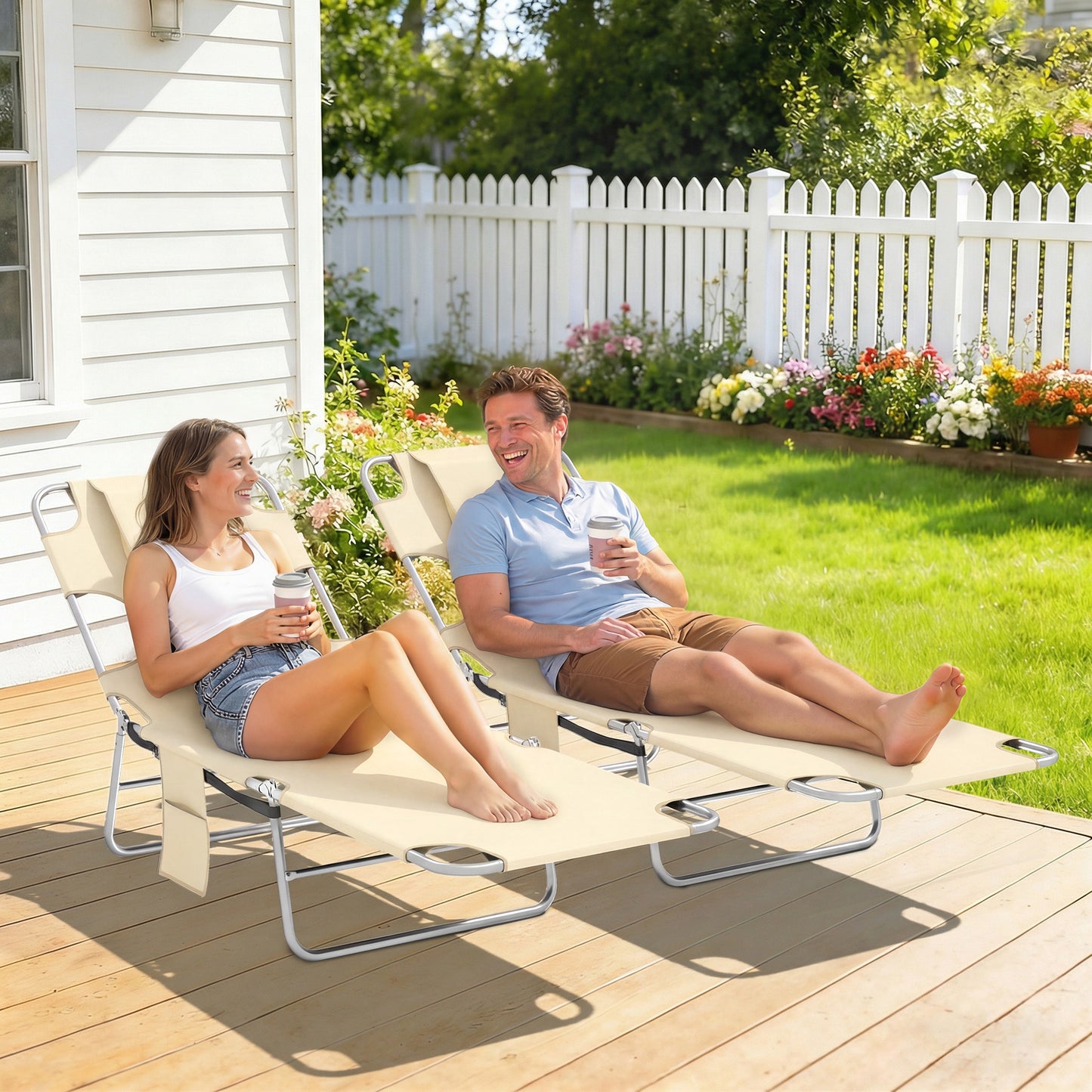 Outsunny 5-Position Adjustable Sun Loungers Set of 2 with Reading Hole and Side Pocket, Beige