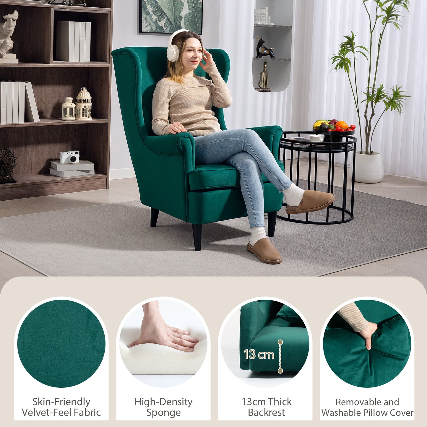 HOMCOM Modern Accent Chair, Upholstered Wingback Armchair with High Backrest and Pillow, Velvet-Feel Fabric Reading Chair with Solid Wood Legs for Living Room, Bedroom, Home Office, Dark Green
