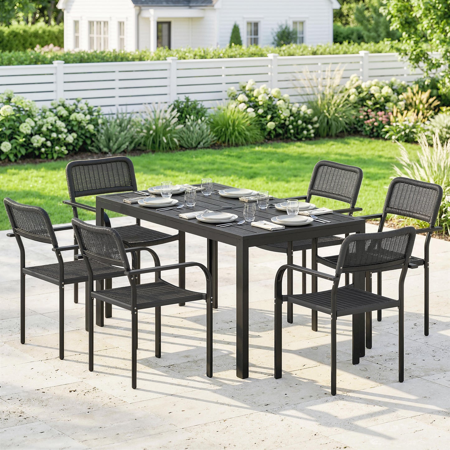 Outsunny Garden Dining Set for 6, Faux Wood Metal Outdoor Table and Stackable Chairs with Plastic Rattan Effect Seat, Black