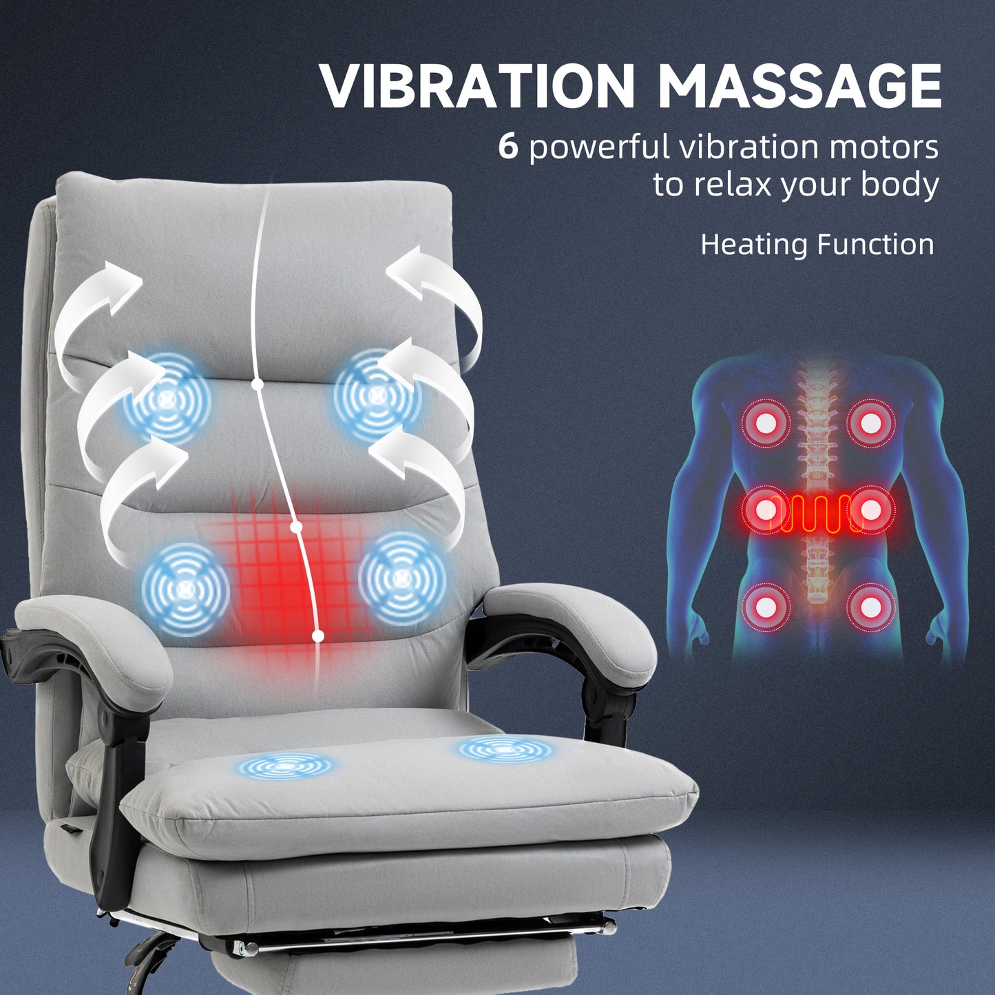 Vinsetto Office Chair with Footrest, Double Padding Ergonomic Desk Chair with 6-Point Vibration Massage and Back Heating, Microfibre Fabric with 135Â° Reclining Back, Grey
