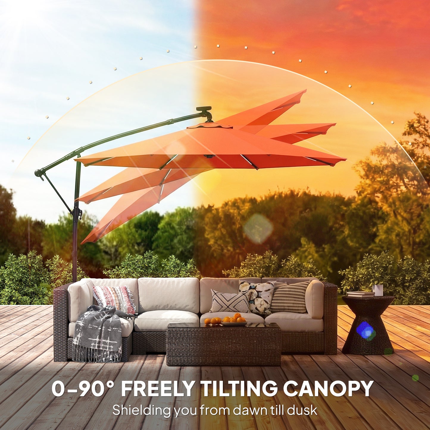 Outsunny 3 m Garden Cantilever Parasol with LED Solar Light, Round Overhanging Umbrella with 360Â° Rotation, Cover, Orange