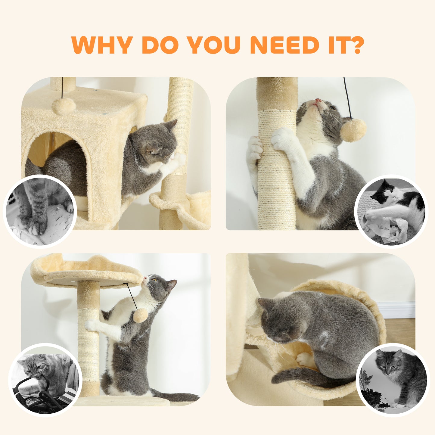 PawHut 160cm Large Cat Tree Tower with Sisal Scratching Posts, Condos, Plush Perches, Hammock, Ladder, Beige