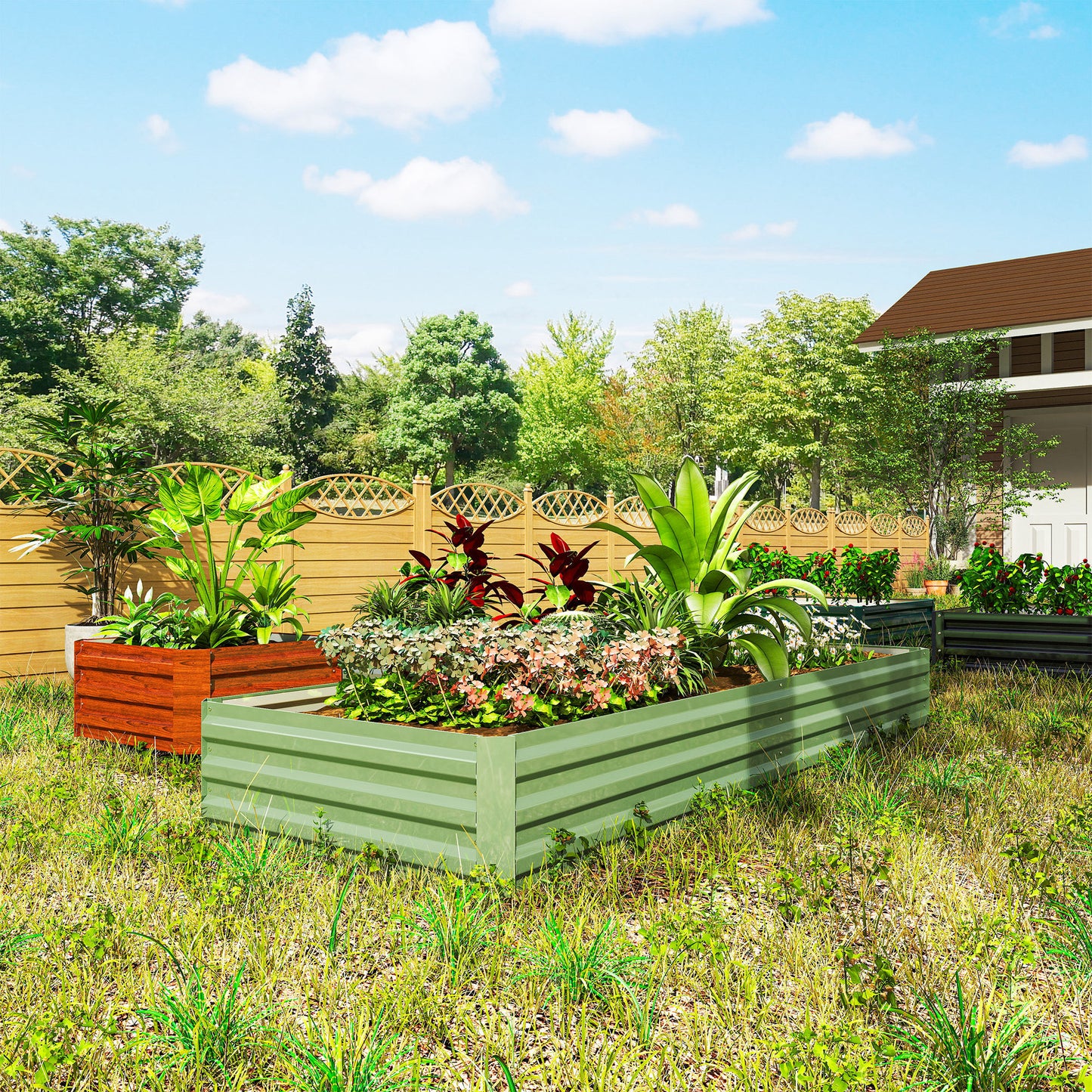 Outsunny Metal Raised Garden Bed Planter Box Outdoor Planters for Growing Flowers, Herbs, Green, Light Green