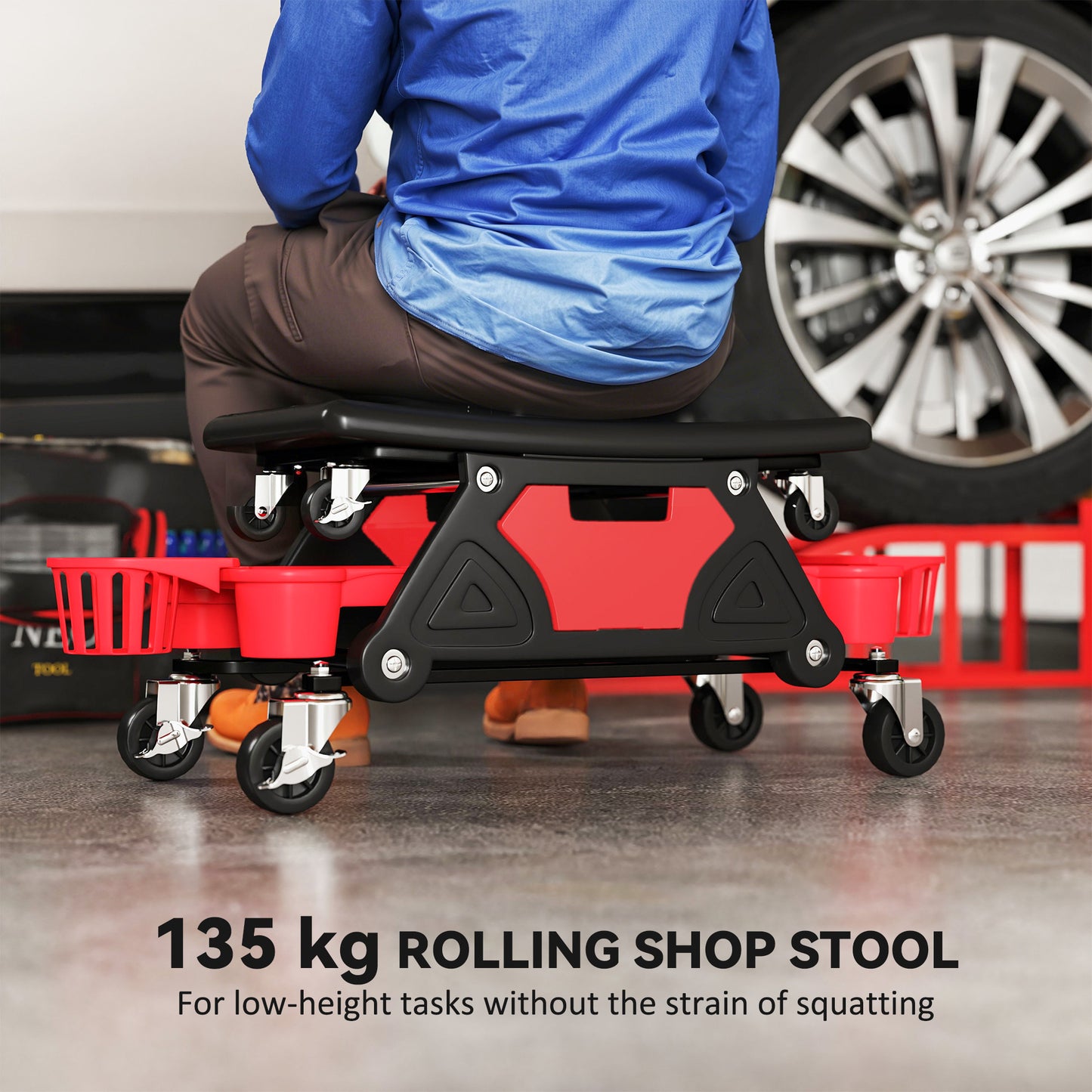 HOMCOM Rolling Mechanic Stool, 135kg Capacity Workshop Stool with 360° Swivel Wheels, Roller Creeper Seat with Slide Out Tool Trays, Drawer, Bottle Holders for Garage, Shop, Auto Repair, Red