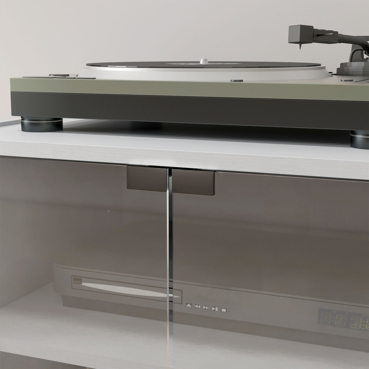 HOMCOM 4-Tier Hi-Fi Stand,  Record Player Stand with Adjustable Shelves and Push-to-Open Glass Doors, White Wood-Effect