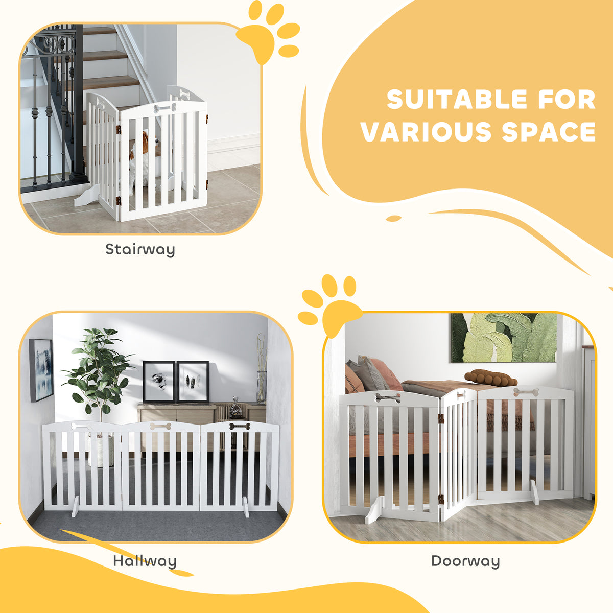 PawHut Wooden Dog Gate, Freestanding Pet Gate with Support Feet for Doorways, Hallways, Stairs, 155L x 61H cm, White