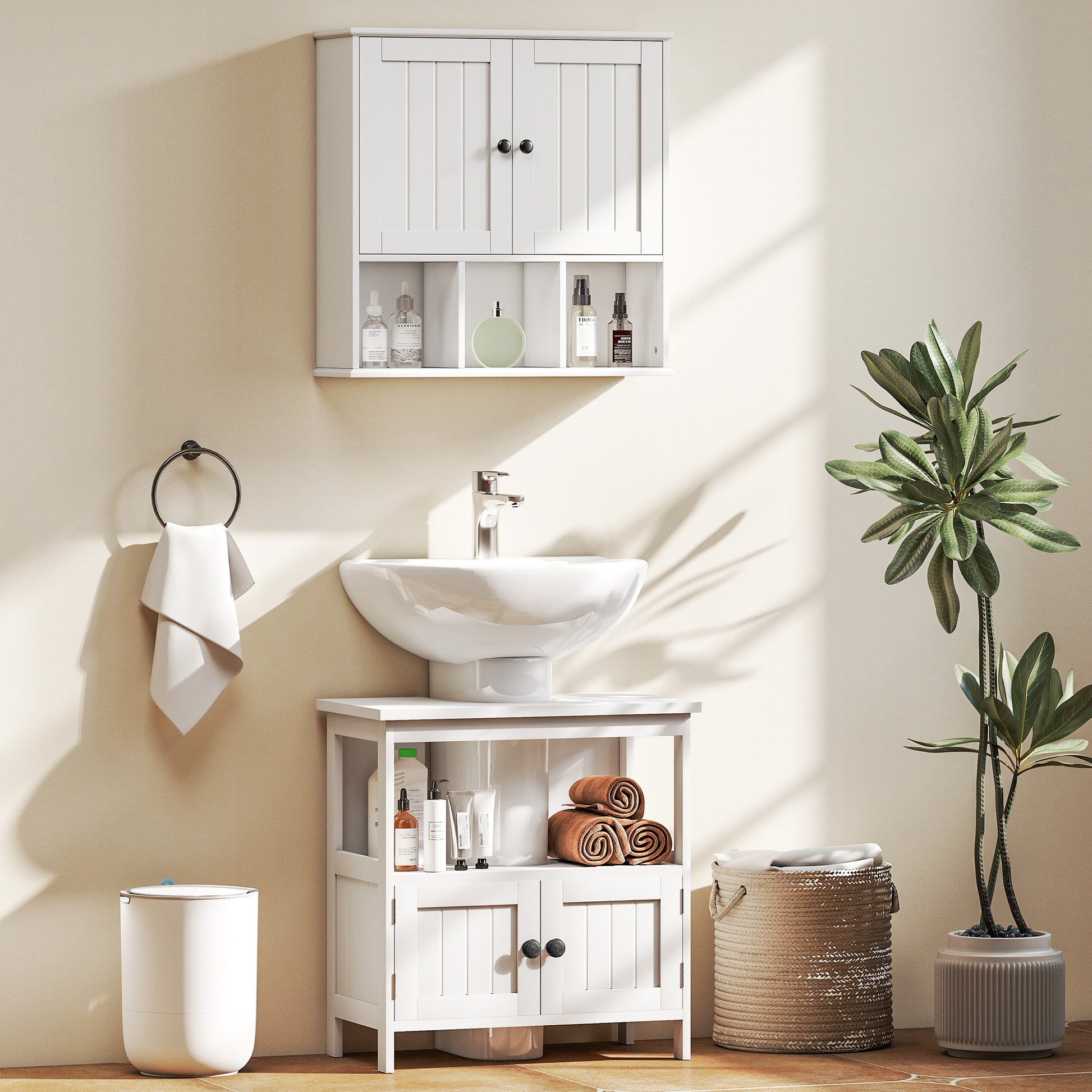HOMCOM Farmhouse Bathroom Wall Cabinet, Wall Mounted Medicine Cabinet with Adjustable Shelf, Open Compartments, White