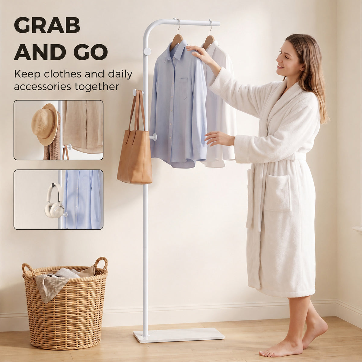 HOMCOM Clothing Rack with 3 Side Hooks, Garment Rack with Marble Base, 45 x 25 x 169 cm, for Bedroom, Bathroom, White