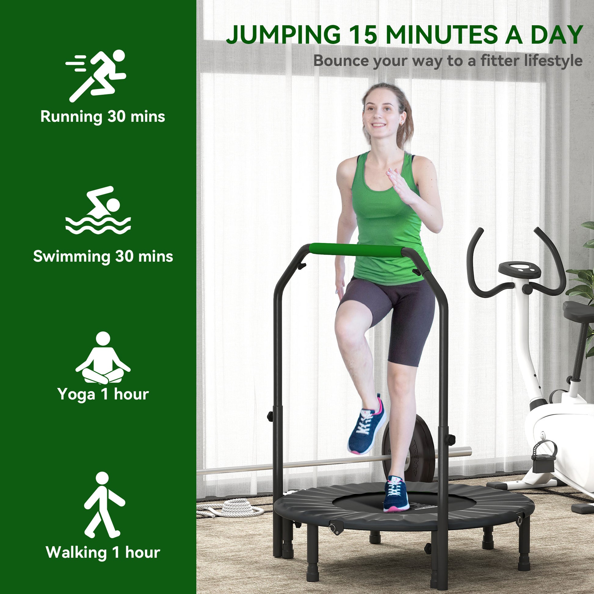 HOMCOM 40" Foldable Mini Fitness Trampoline, with Adjustable Foam Handle, Green - LiamsBargains.co.uk