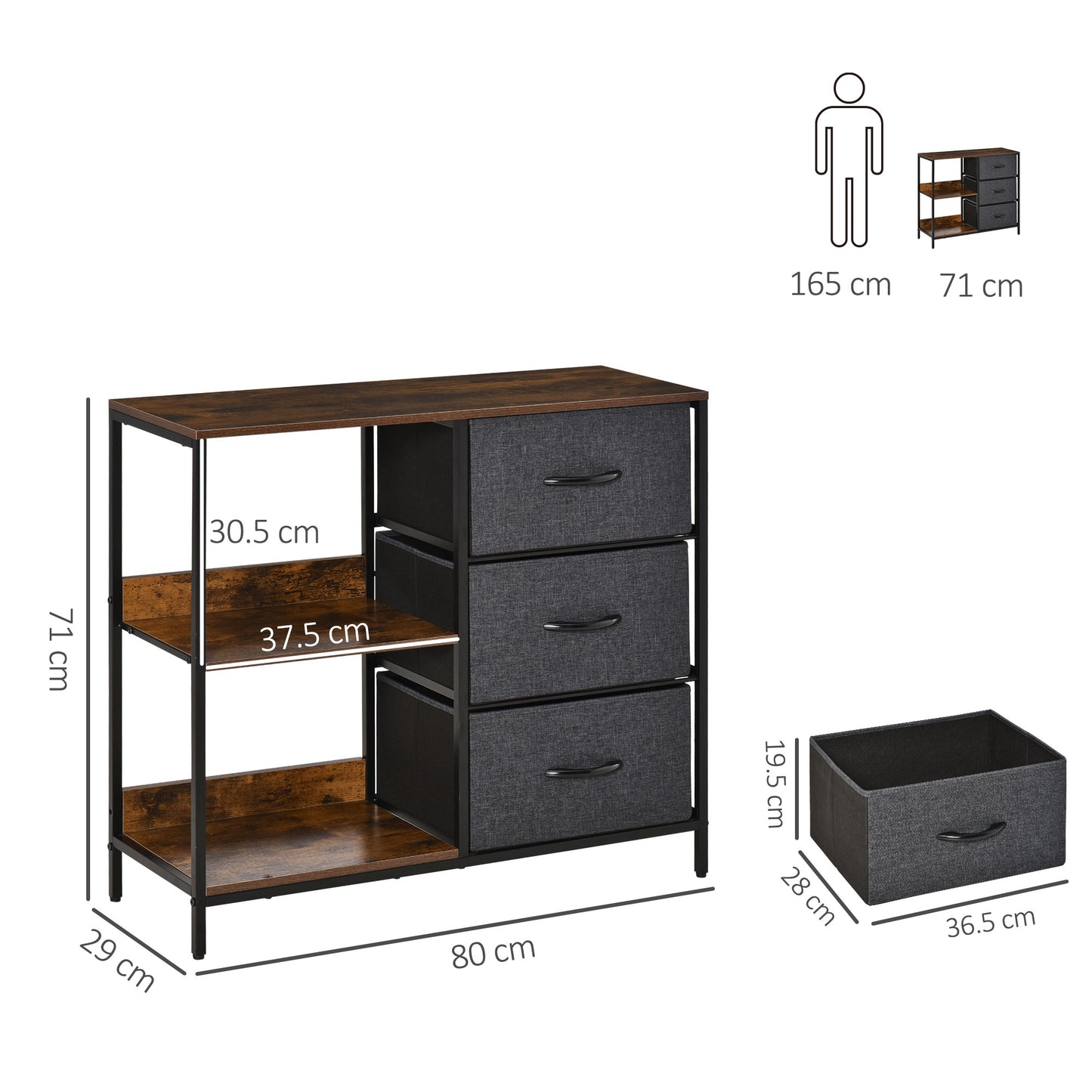 HOMCOM Chest of Drawers Storage  Dresser Cabinet Organizer with 3 Fabric Drawers and 2 Display Shelves for Living Room, Bedroom, Hallway, Black
