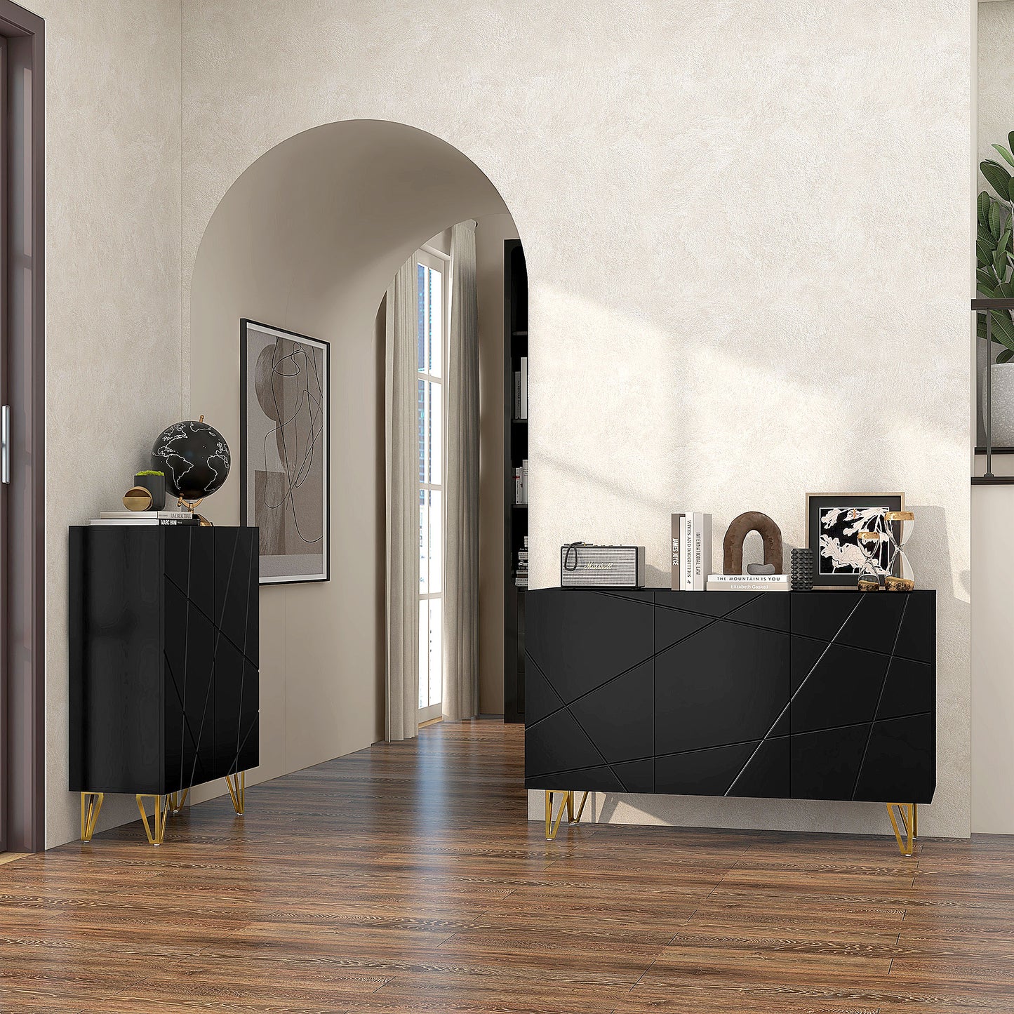 HOMCOM Modern Luxe High Gloss Sideboard, with Hairpin Legs - Black