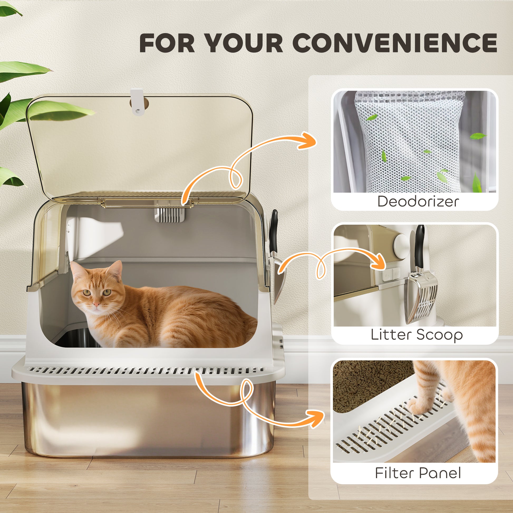 PawHut XXL Stainless Steel Cat Litter Tray, Enclosed Cat Litter Box with 90Â° Flip Cover, Double Doors, Scoop, Easy Clean, Grey