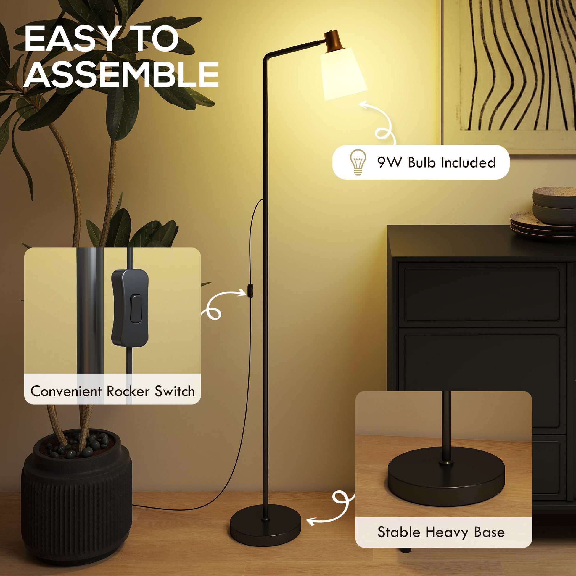 HOMCOM Floor Lamp with 350Â° Rotatable Head, Modern Standing Lamp with 3000K/4000K/6500K Colour Temperatures for Living Room Office, Black