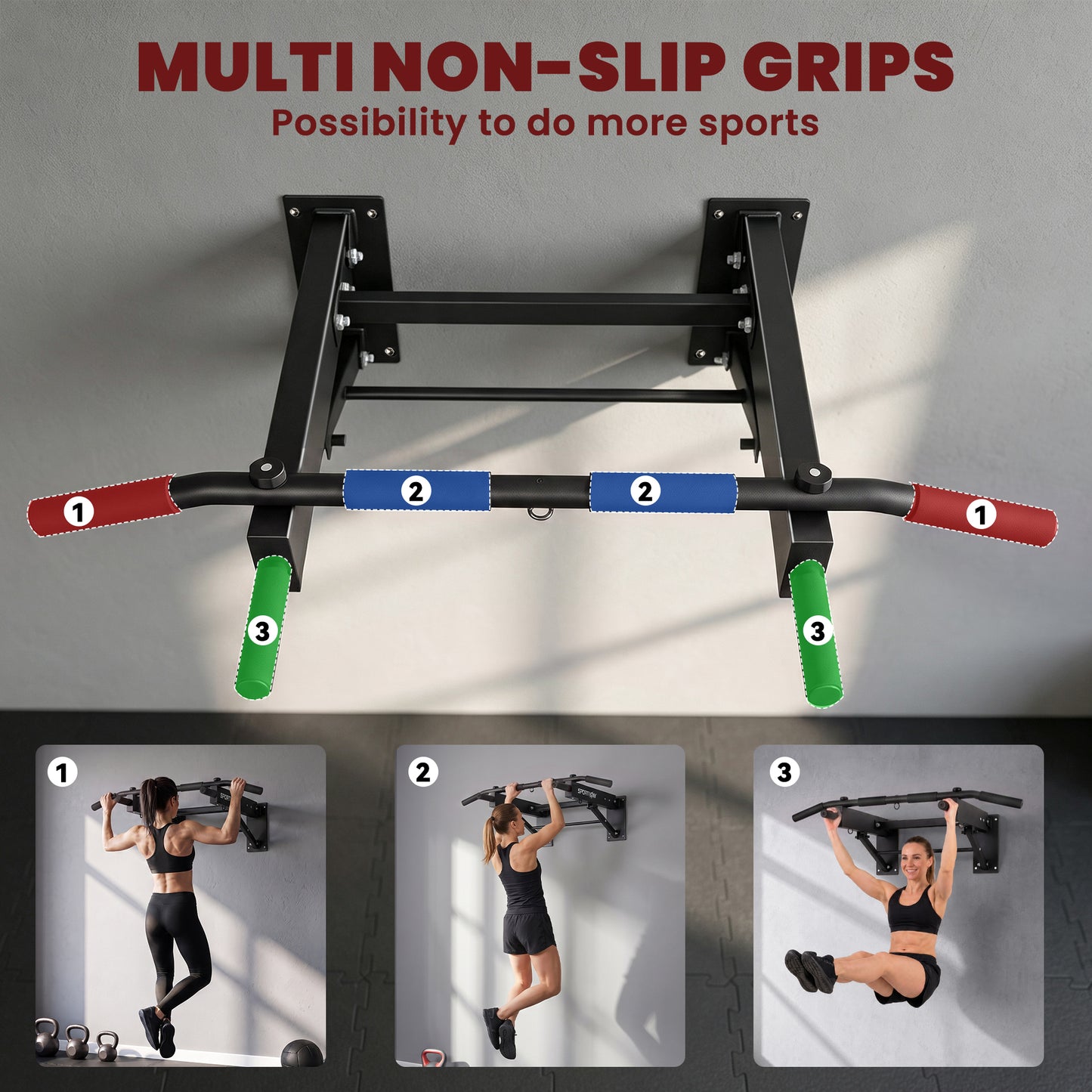SPORTNOW Pull Up Bar Wall Mounted Chin Up Bar with Folding Design, 3 Hooks for Resistance Bands, Supports up to 120 kg, Black