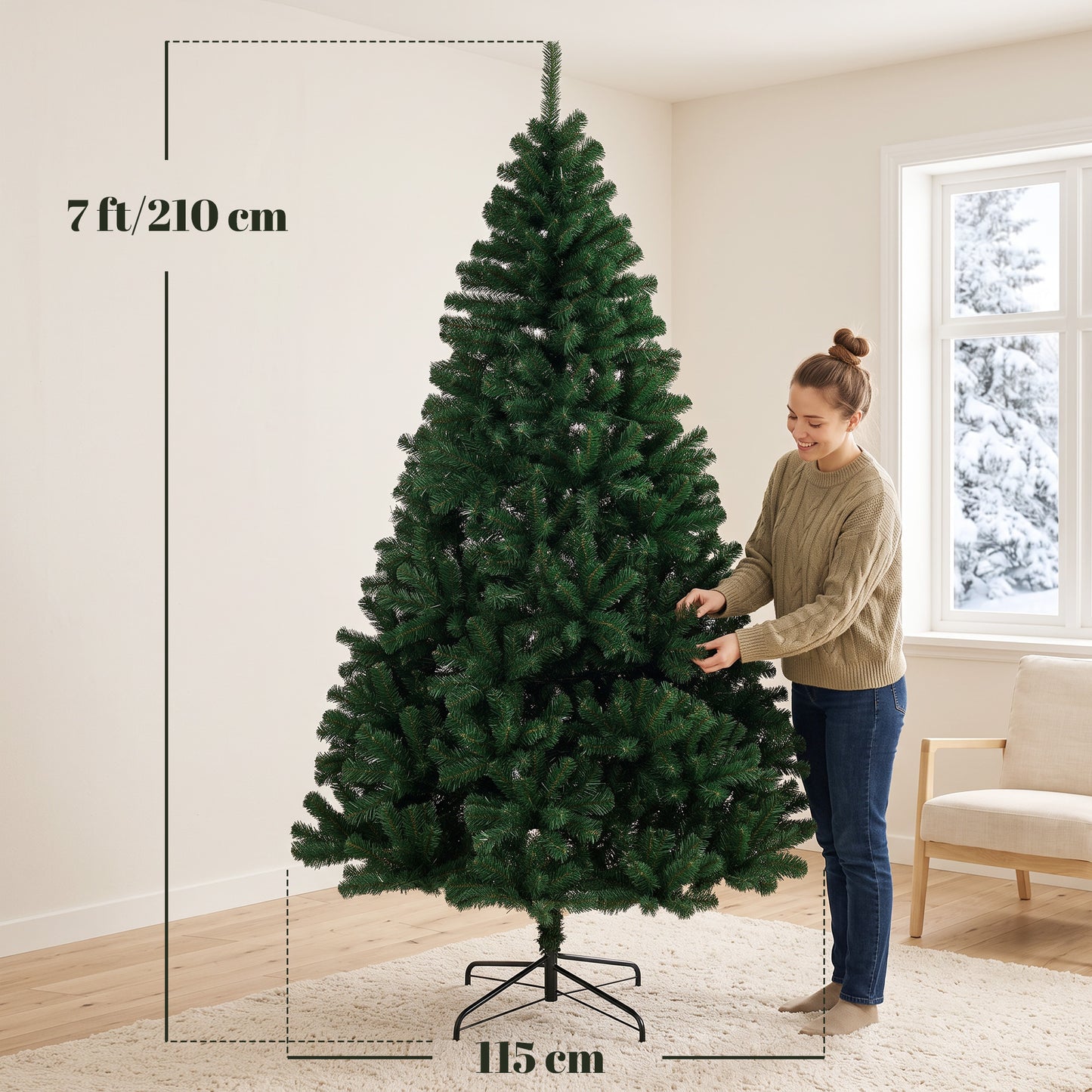 HOMCOM 7ft Artificial Christmas Tree, Fir Hinged Xmas Tree with 1100 Branch Tips, Foldable Steel Stand, Green