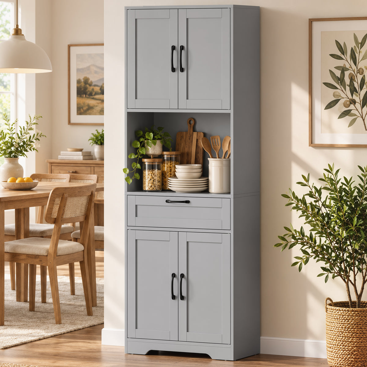 HOMCOM 170 cm Tall Kitchen Pantry with Adjustable Shelves, Freestanding Storage Cabinet with Open Shelf, Grey