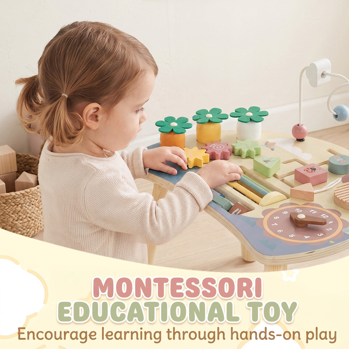 AIYAPLAY Wooden Baby Activity Table for 1-3 Years, 6-in-1 Montessori Activity Table with Gears, Bead Maze, Rotating Clock