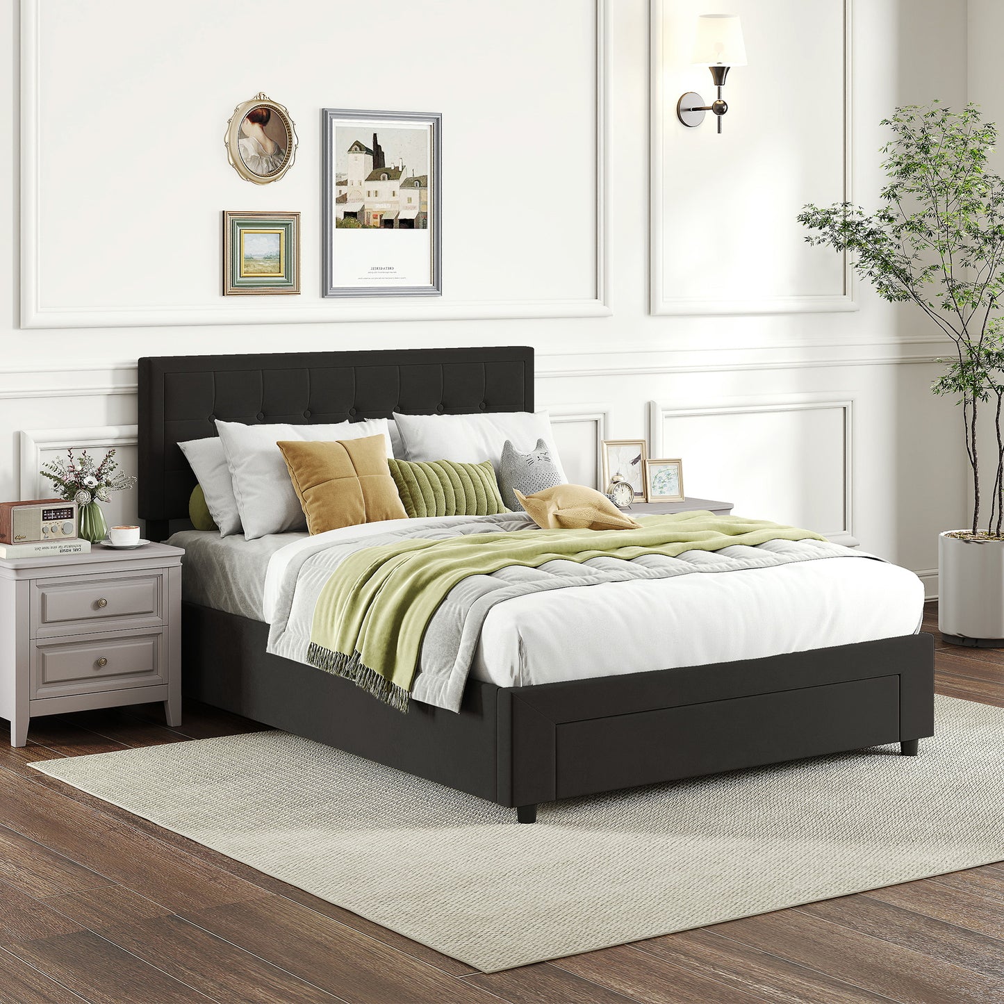 HOMCOM 4ft6 Double Ottoman Bed Frame, with Front Drawer - Black