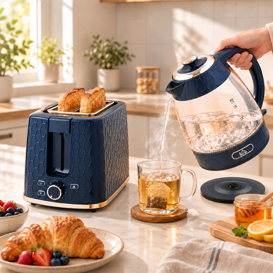 HOMCOM Kettle and Toaster Set, 1.7L 3000W Rapid Boil Jug Kettle with Limescale Filter, 2 Slice Toaster, Blue
