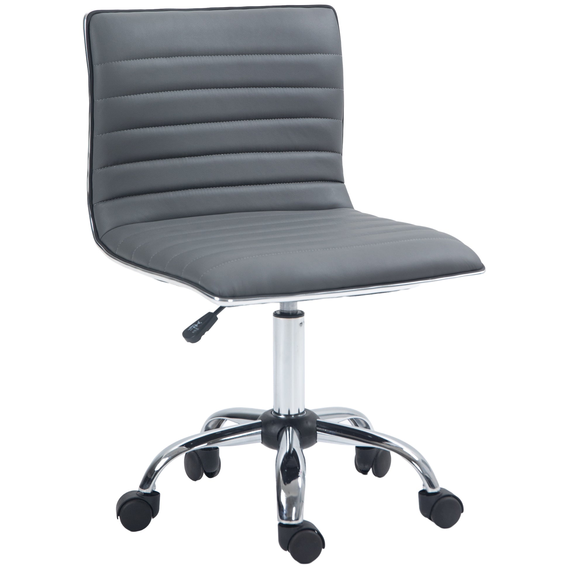 HOMCOM Armless Task Desk Chair, Swivel Office Chair with Faux Leather, Adjustable Seat Height, Chrome Base, Wheels for Home, Dark Grey