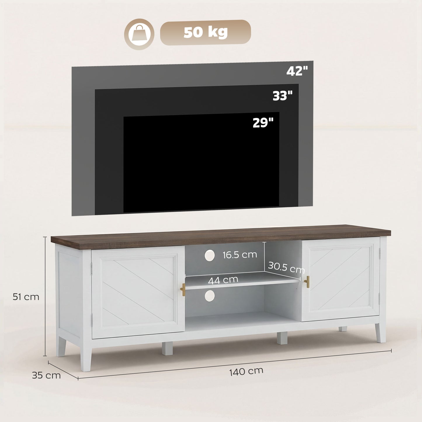 HOMCOM TV Unit for TVs up to 42 Inch, Farmhouse Entertainment Centre with 2 Open Shelves, 2 Cabinets and Thick Top