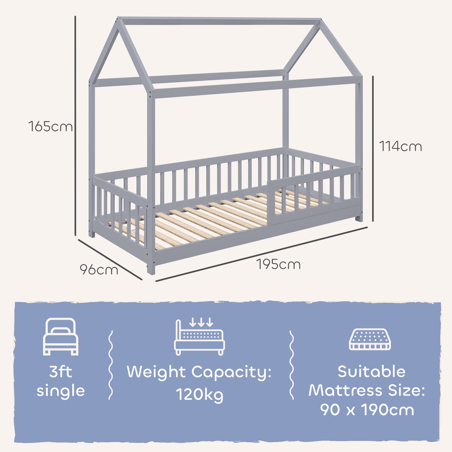 HOMCOM House-Shaped Kids Bed Frame with Guard Rails, Solid Pine Wood Single Bed Frame for Kids Boys and Girls, Grey