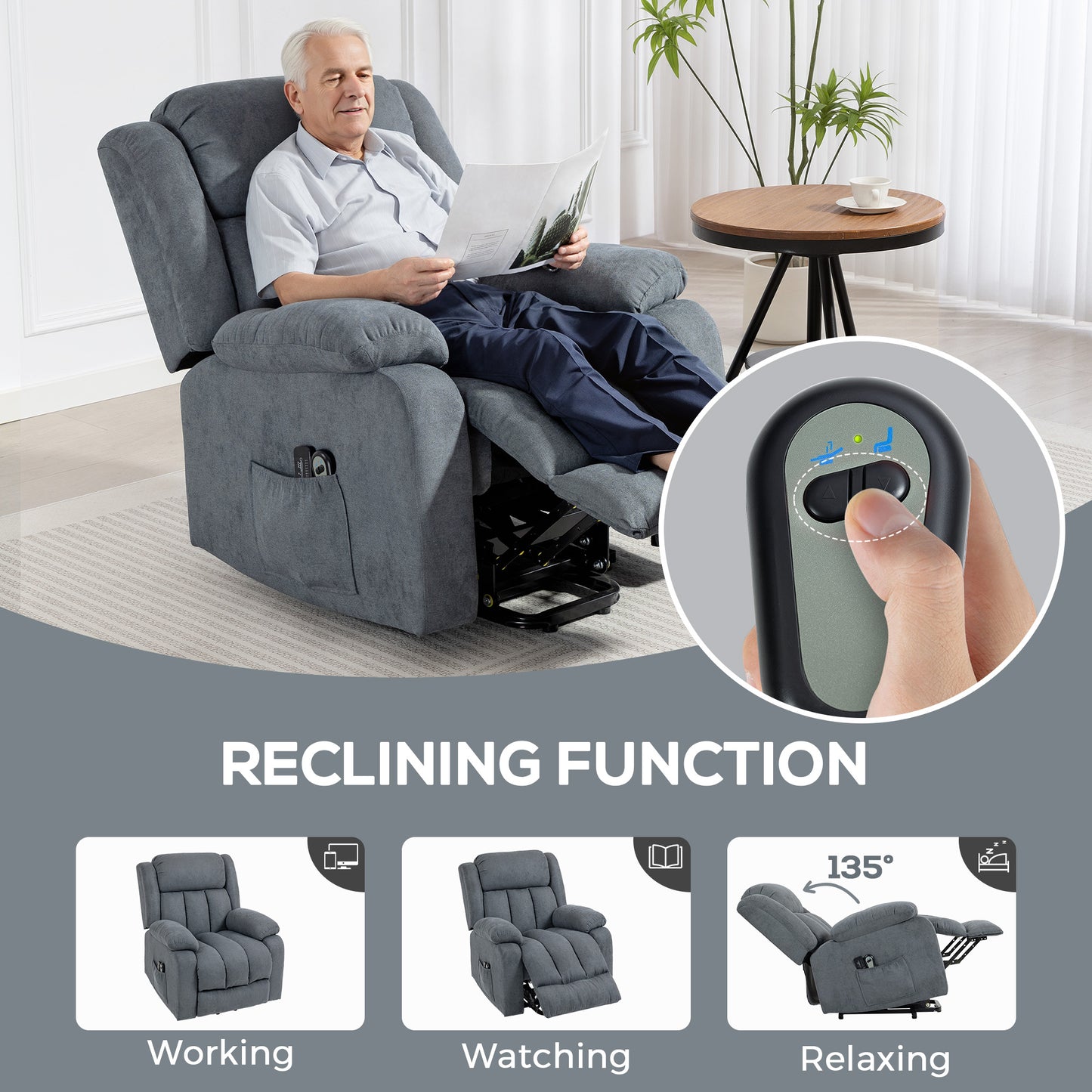 HOMCOM Power Lift Recliner Chair with Massage, Overstuffed Lift Chair for Elderly with Footrest, Remote and Side Pocket, Grey