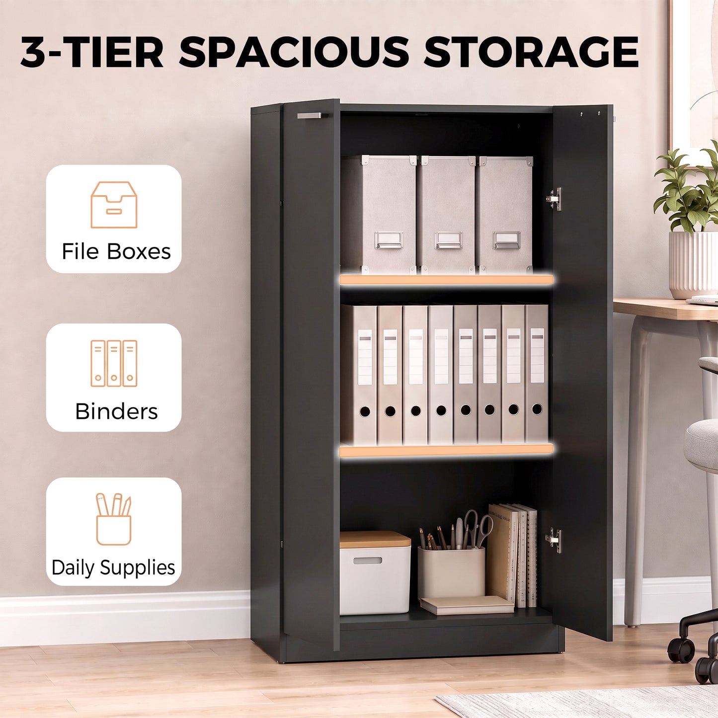 HOMCOM 120 cm Tall Storage Cabinet Cupboard, 3-Tier File Organiser Wooden Filing Cabinet, Black
