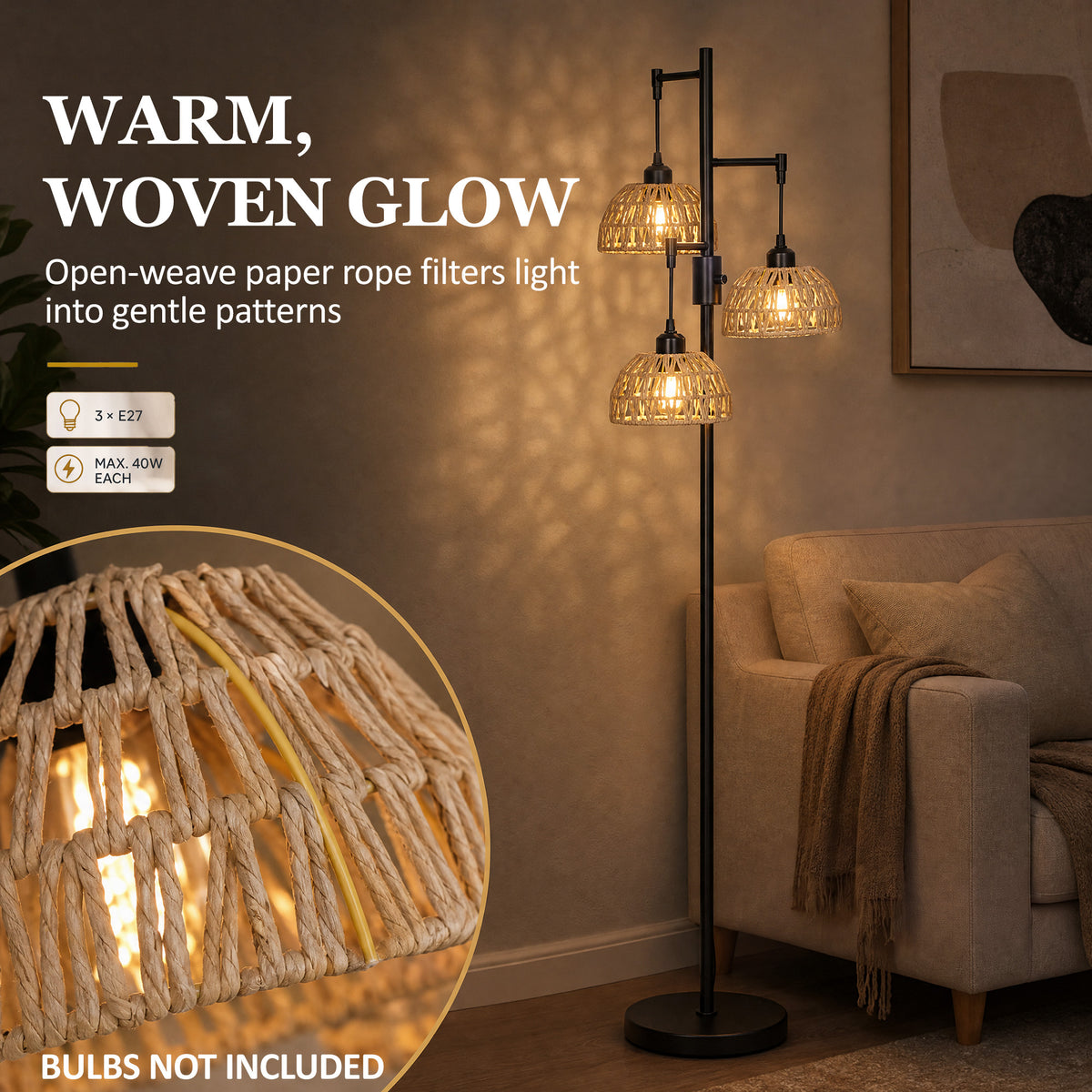 HOMCOM 3-Light Floor Lamp, Standing Lamp with Paper Rope Shades, 4-Stage Rotary Switch for Living Room, Bedroom, Study