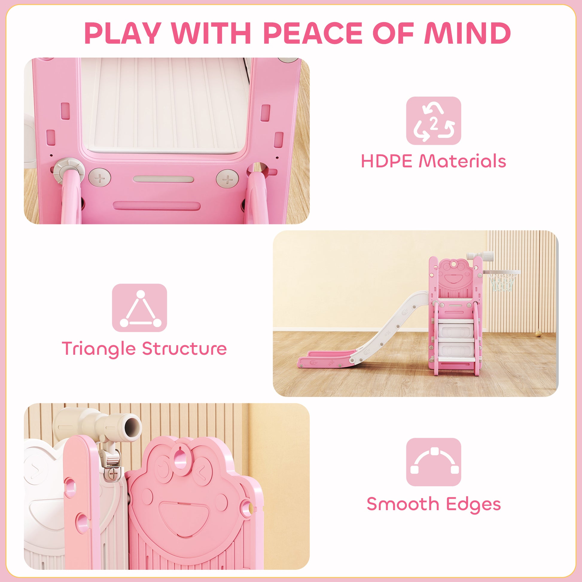 AIYAPLAY 5 in 1 Kids Slide Set with Basketball Hoop, Climbing Frame, Telescope, Storage Box for Toddlers Ages 1-3, Pink