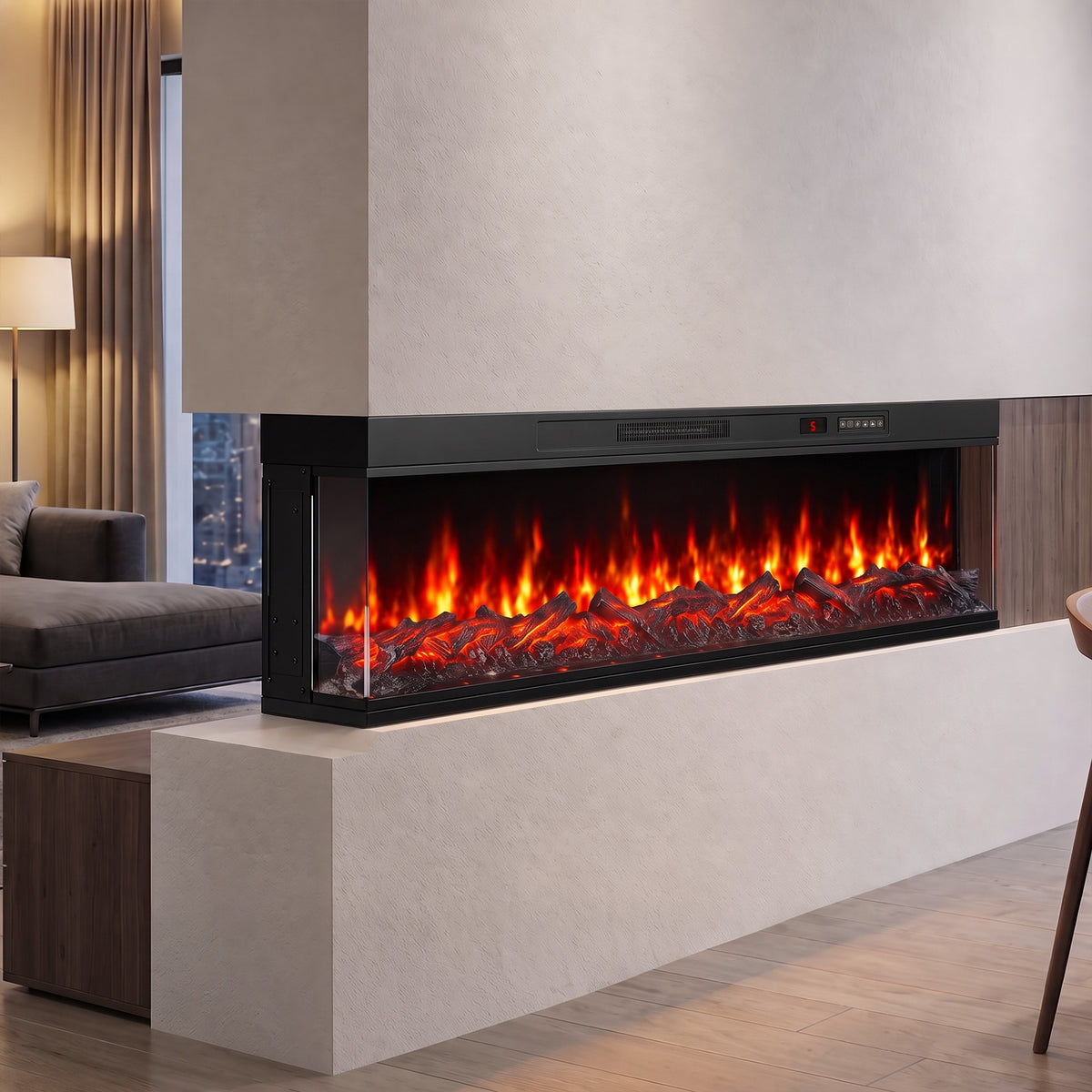 HOMCOM 60" Electric Fireplace Insert, 3-Sided Freestanding/Wall Recessed Electric Fire Heater with Adjustable Flame, 1800W
