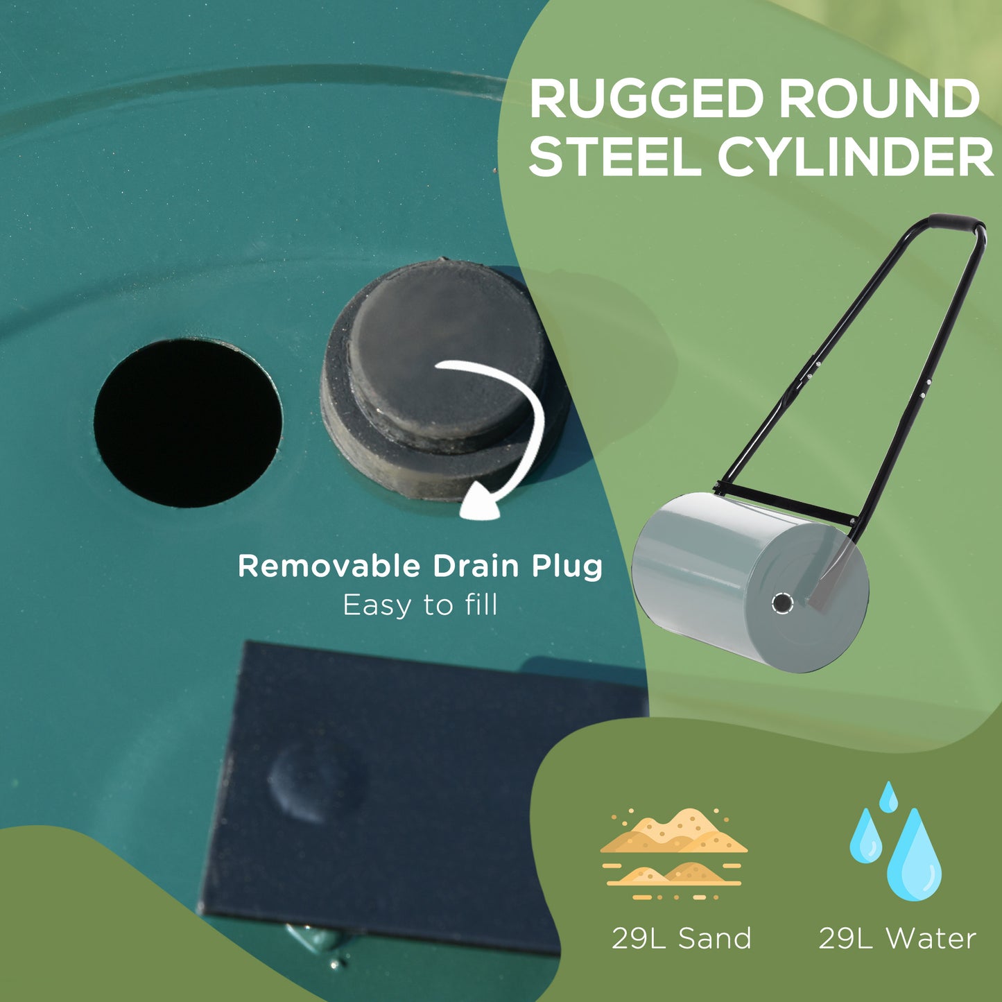Outsunny 30 L Heavy Duty Water Or Sand Filled Î¦30cm Garden Steel Lawn Roller Drum - Dark Green
