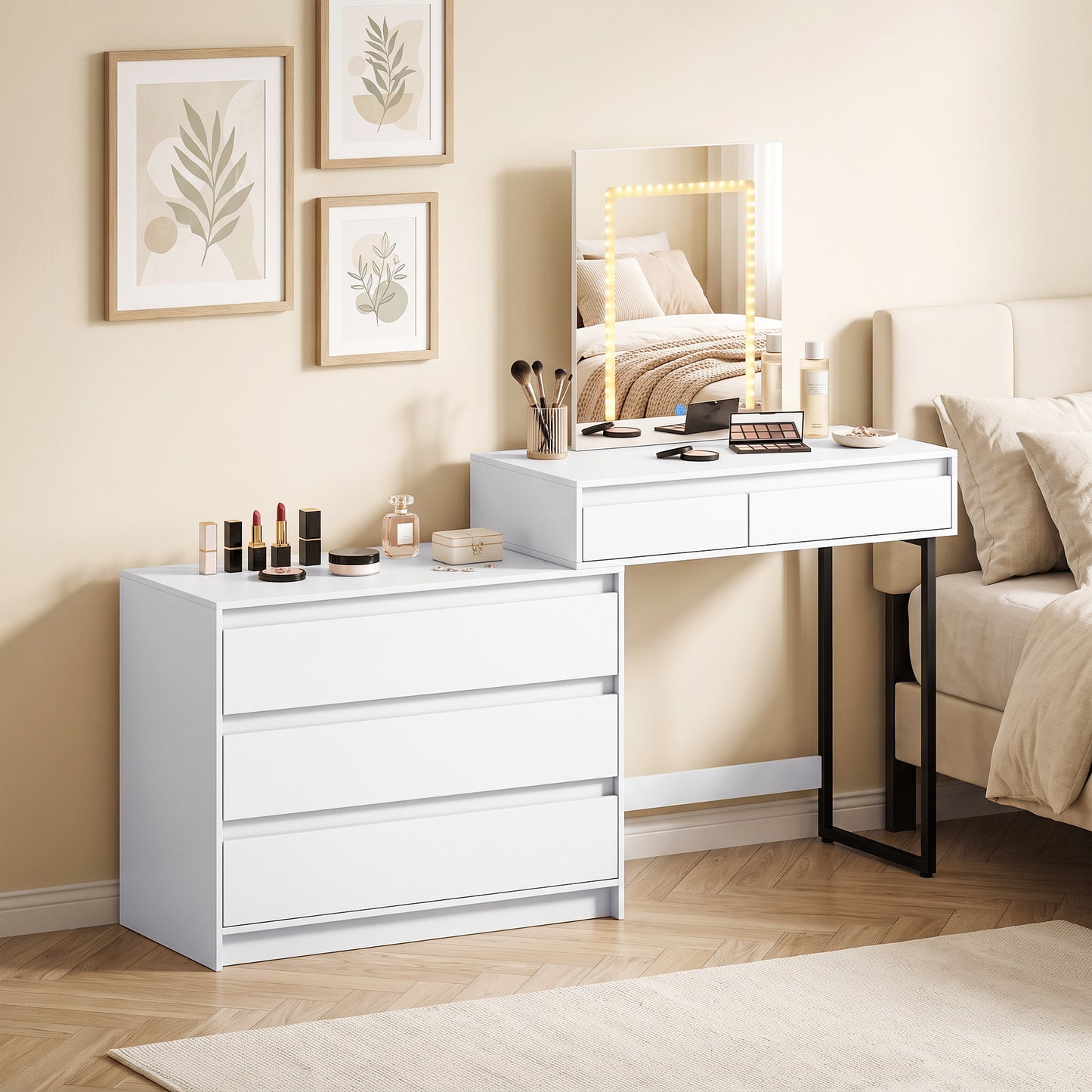 HOMCOM Vanity Makeup Desk LED Mirror Dressing Table Large Storage 5 Drawers White